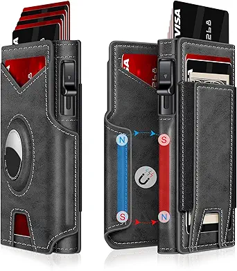 Airtag Wallet for Men, Minimalist Slim Mens Wallet Smart Pop Up Credit Card Holder for 9-13 Cards, RFID Blocking Wallet with ID Window & Cash Slot, Compact Bifold Metal Aluminum Card Case