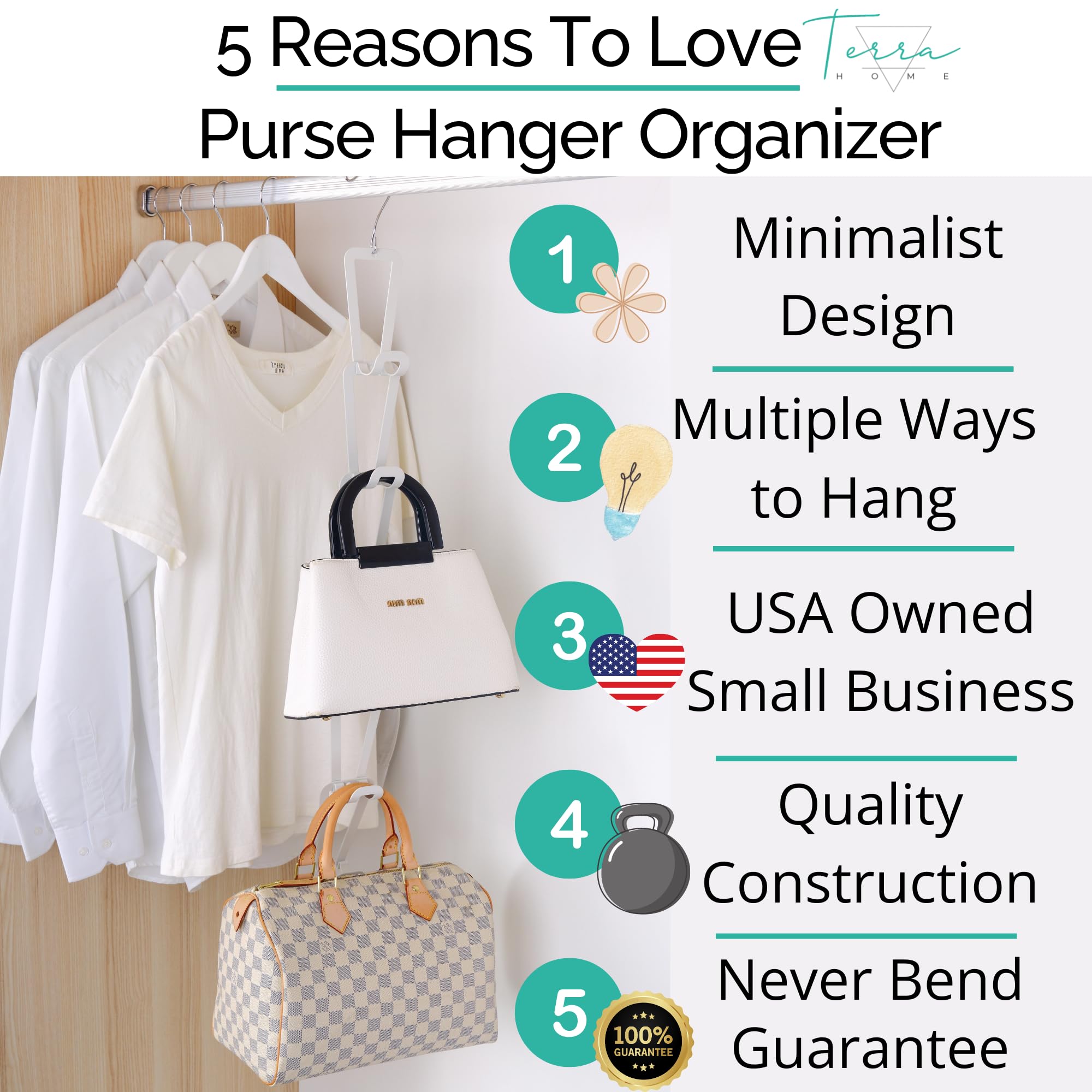 Organizador de bolso elegante y funcional para pared, organizador de bolsos sobre la puerta, estante versátil para colgar en la pared, ideal para uso doméstico u oficina, accesorios adicionales para 2