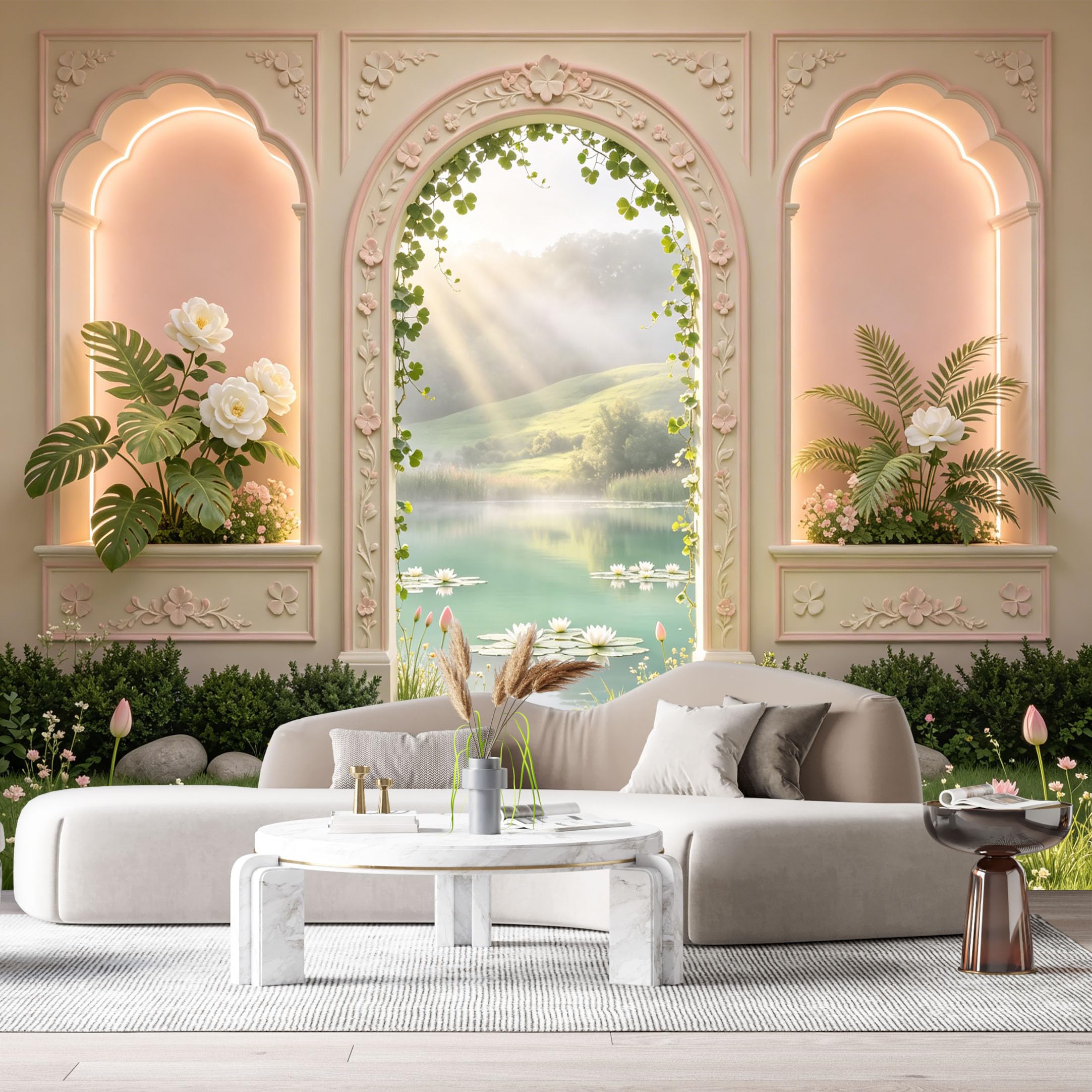 Custom Size Wall Murals Neoclassical Archway Botanical Lake Scene 3D Trompe L'Oeil SelfAdhesive Wall Fabric Removable Large Wallpaper for Photo Living Room