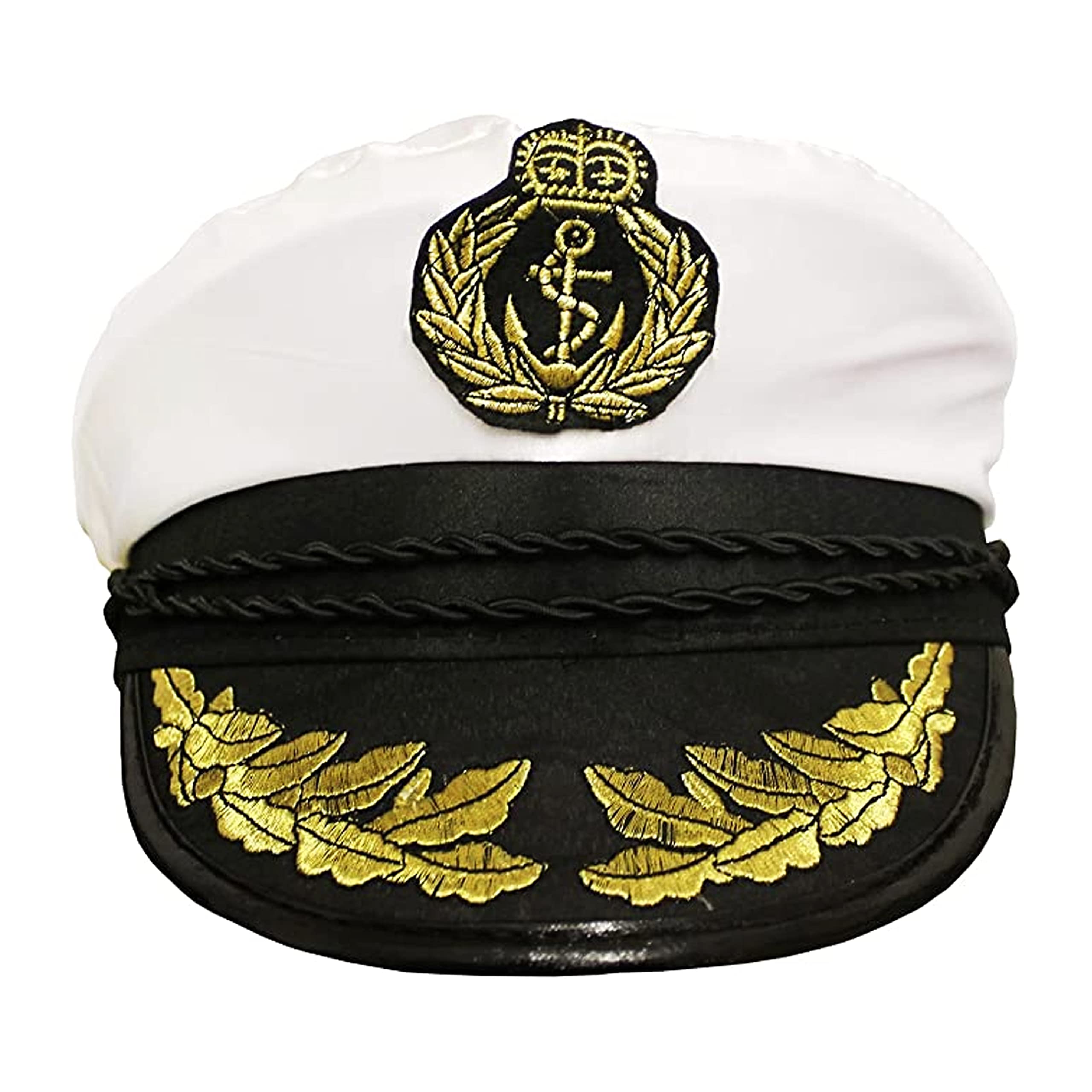 Adults Sailor Hat Fancy Dress Costume Accessory - Satin Captains/Naval Officer Hat with Motif and Gold Brim Detail - Pack Of 1
