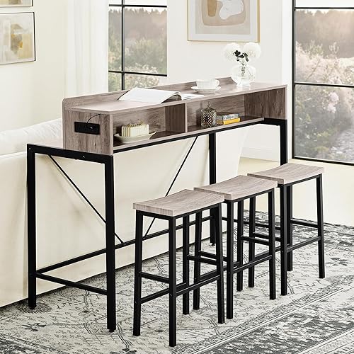 Mesa de bar y sillas de 59 pulgadas con taburetes, juego de 4 con toma de corriente y luz LED, mesa de cocina con altura de barra con 3 taburetes y