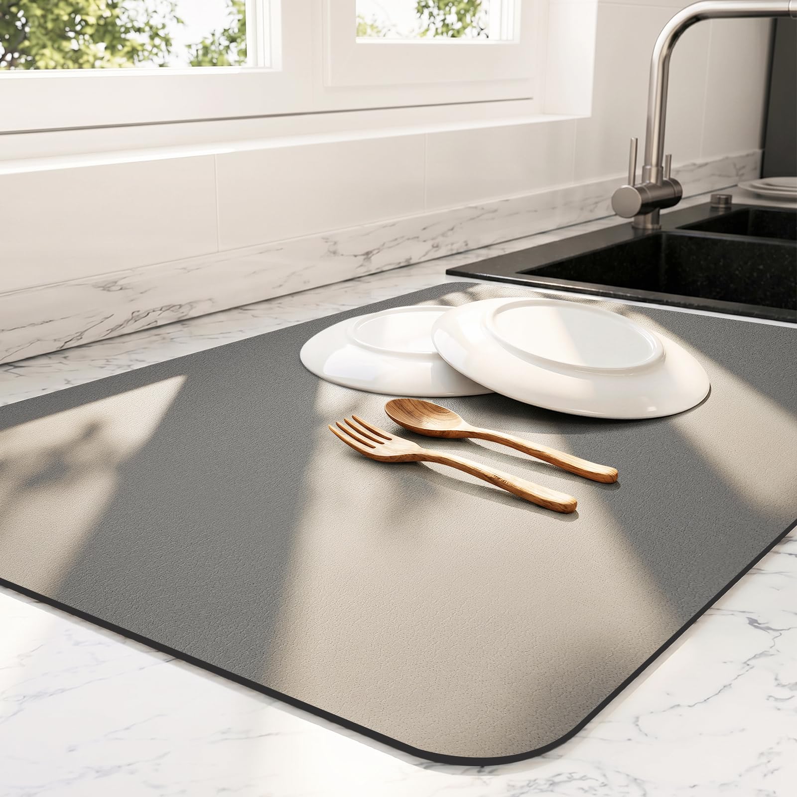 Photo 1 of Ecotrim - Dish Drying Mat for Kitchen Counter | Coffee Bar Mat for Countertops | Heat Resistant Drainer Mat with Non-slip Rubber Backed | Hide Stain Kitchen Absorbent Draining Mat | Dark Grey 16"x18"