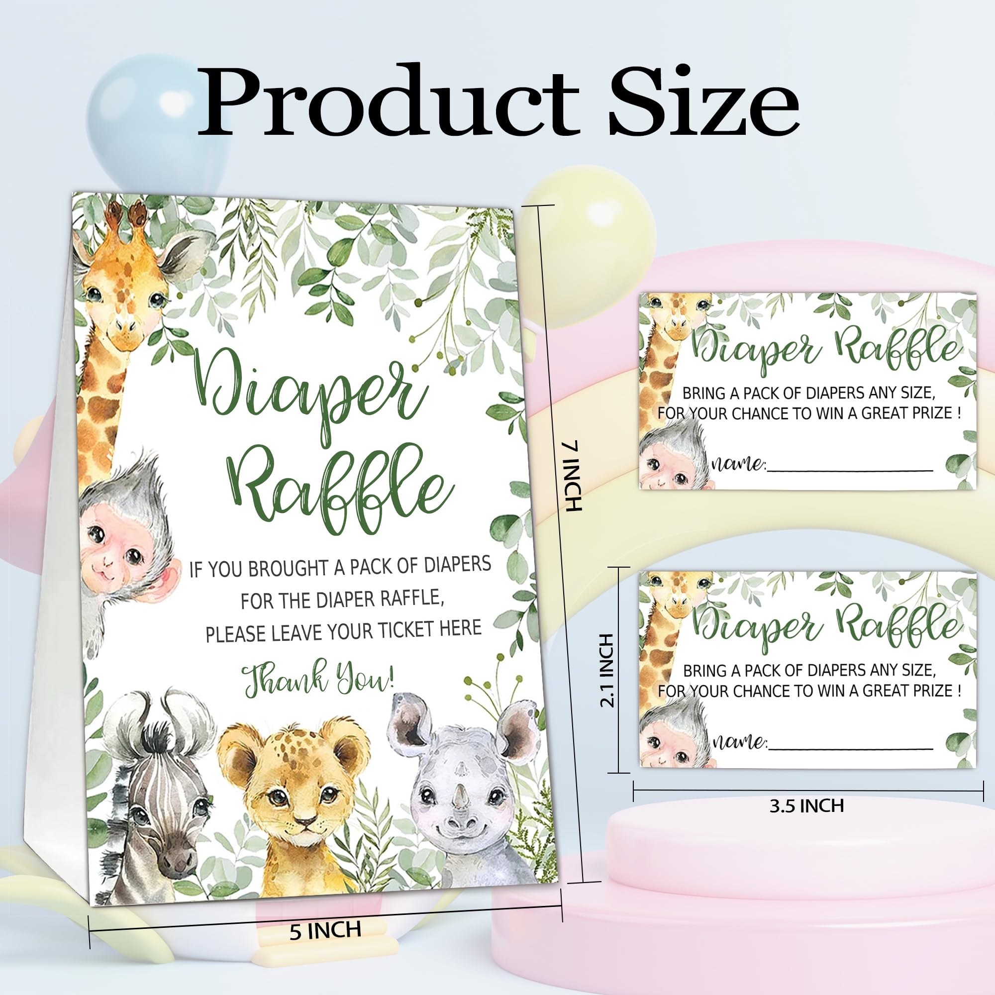 Boletos de rifa de pañales de animales de la selva para juego de baby shower, 1 letrero de pie (5 x 7 pulgadas) y 50 tarjetas de adivinación para decoración de fiesta de baby shower