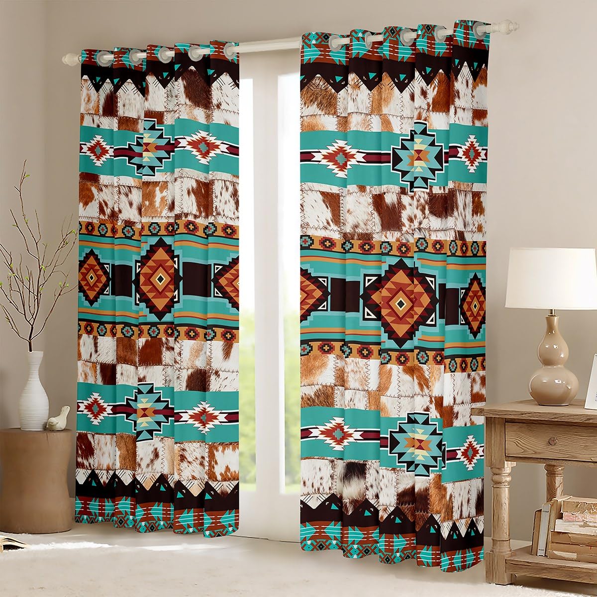 Southwestern Boho Window Curtains for Bedroom Living Room,Rustic Western Curtains for Boys Kids ,Vintage Brown Teal Window Drapes,Native American Pattern Tribal Window Treatments 52W X 84L,2 Panels
