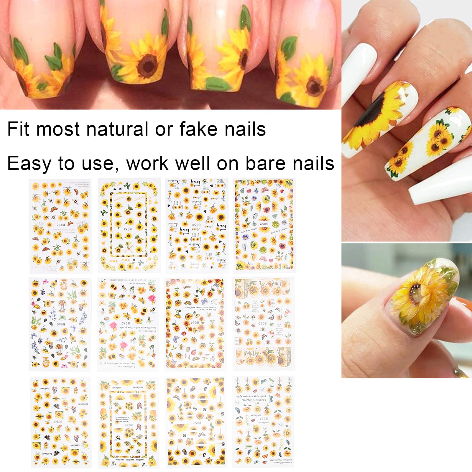 JSRQT Nagelsticker Gänseblümchen & Sonnenblumen – 12 Blätter 3D-Design, Selbstklebend Für DIY Maniküre