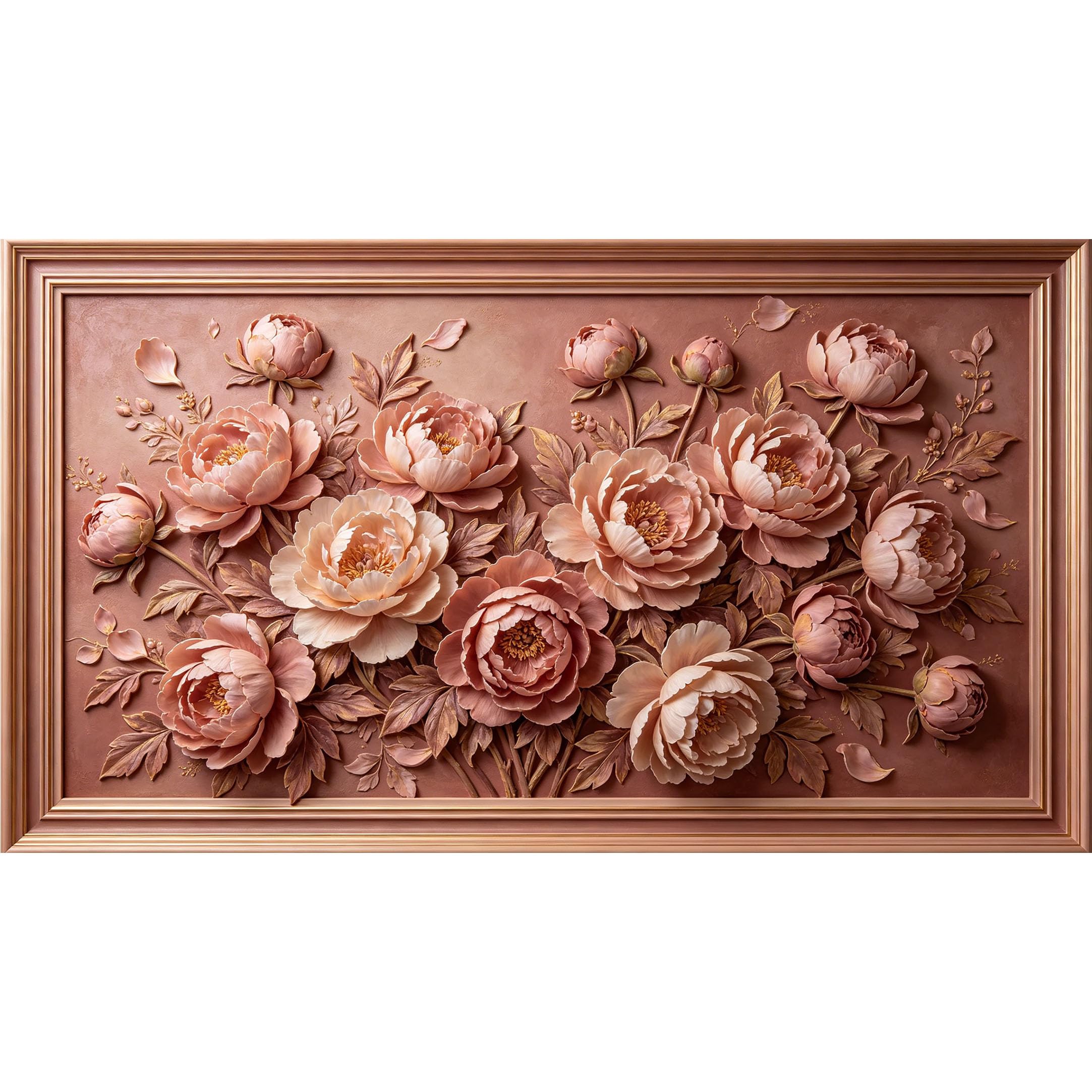 QZLITHOTIC 50x90cm3D Framed Wall Art， Botanical Peony Blossom Relief Self‑Adhesive Mural， Water‑Activated Peel & Stick Fabric Decor Wall Decal for Bedroom Living Room