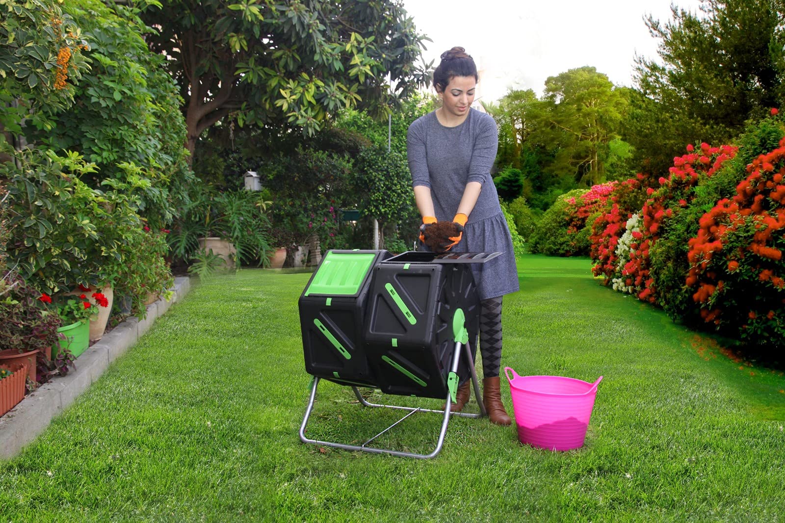 PALMAT - Compostador de Doble cámara Heavy Duty 140 L - Producción Humus Natural, para Jardín, Resistente Intemperie (2 x 70L o 2 x 18.5 Galón)