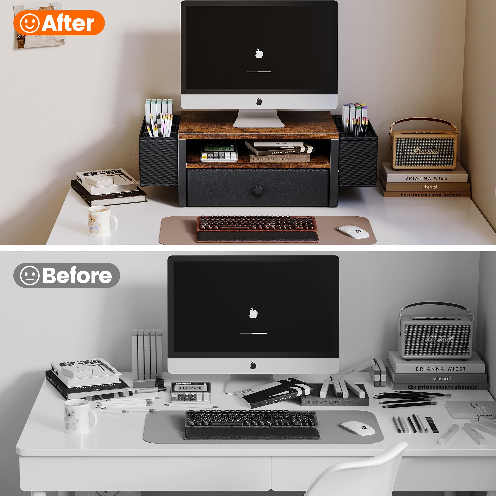 Organizzatori e accessori da scrivania, supporto per monitor del computer a 3 livelli con cassetto in tessuto e 6 portapenne, accessori da scrivania per ufficio, organizer da scrivania per ufficio