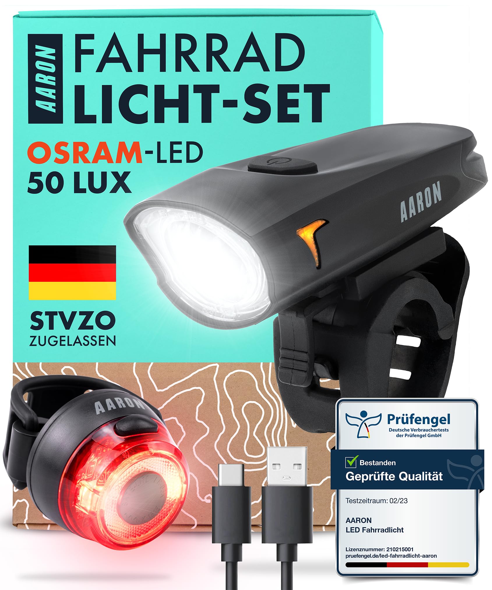 AARON LED Fahrradlicht USB aufladbar Set (6,5h Leuchtdauer), StVZO Zulassung - Akku Fahrrad Licht Set regenfest - Fahrradbeleuchtung - Beleuchtung Fahrrad für vorne + hinten Schwarz