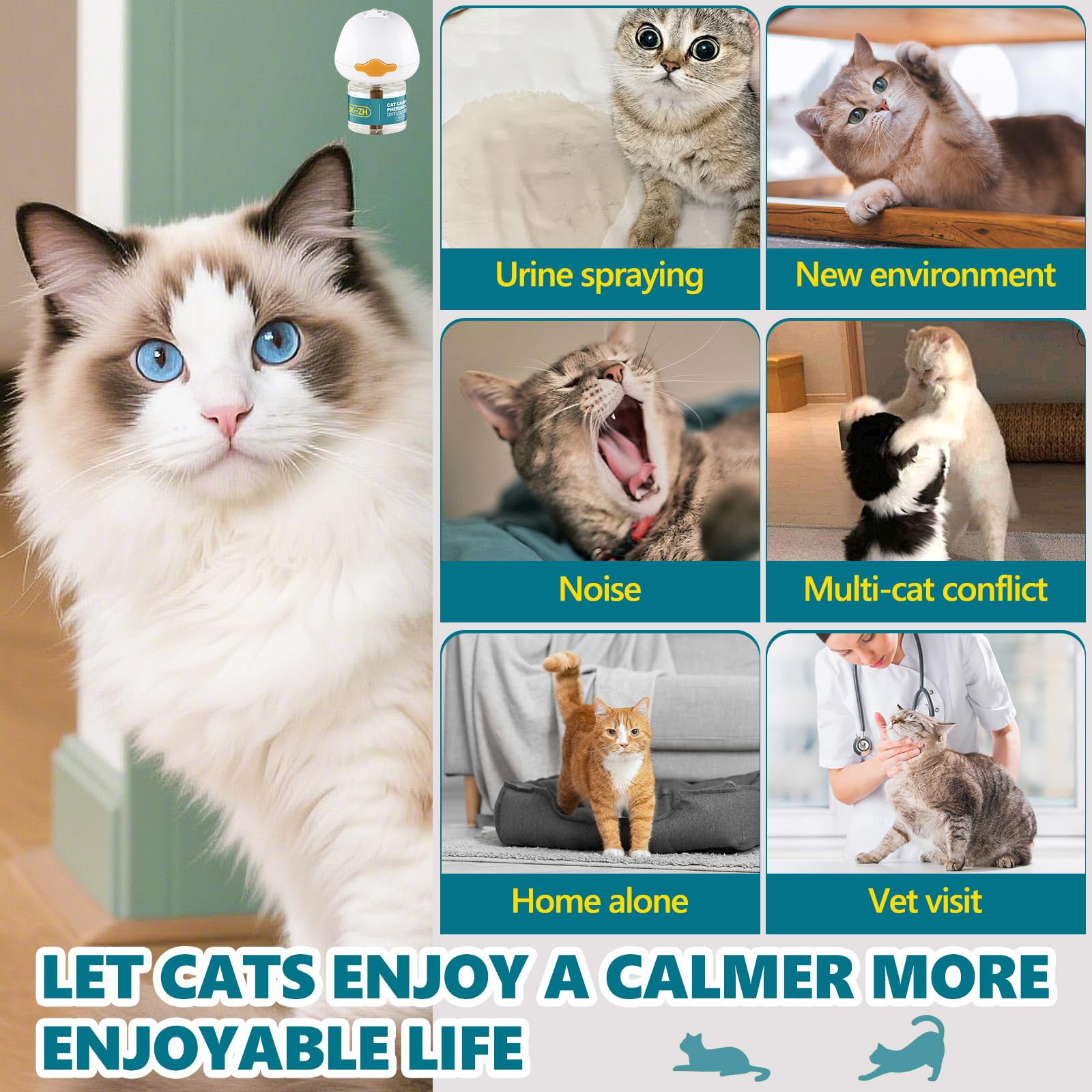 3 en 1 Diffuseur Pheromone pour Chat, 60 Jours Diffuseur Chat Anti Stress, Aide à Réduire l'anxiété, Le Stress, Le Grattage et Le Marquage Urinaire(1 Diffuseur + 2x48ml Recharges) (B)
