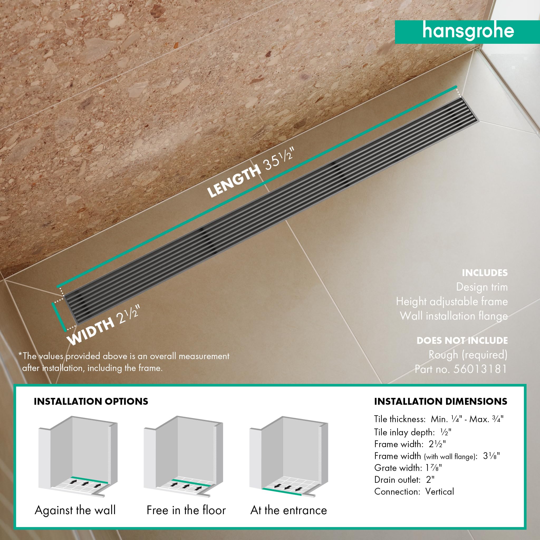 hansgrohe RainDrain Match Boardwalk - Desagüe de ducha lineal para 35 1/4 pulgadas con marco de altura ajustable en acero inoxidable cepillado, drenaje rectangular de acero inoxidable para piso de