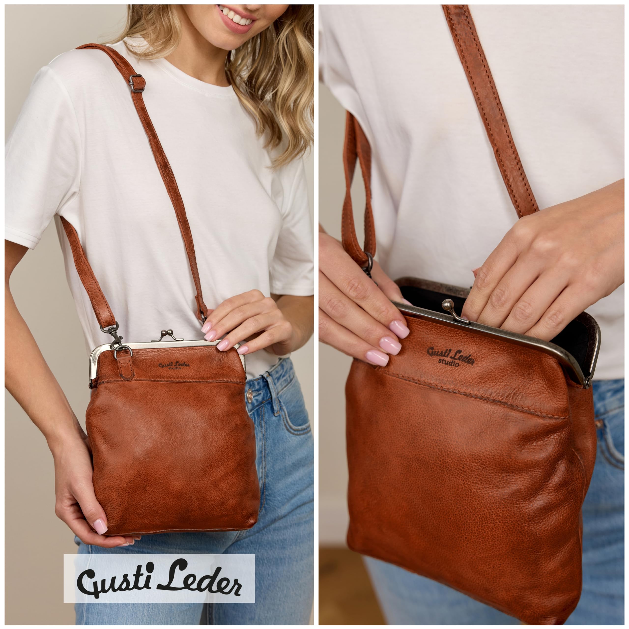 Gusti Leder Handtasche Damen Mittelgroß Echtleder – Vintage Umhängetasche Leder Braun Kratzfest Verstellbarer Riemen Alltag Reise Stadt Ausgefallene Handtaschen