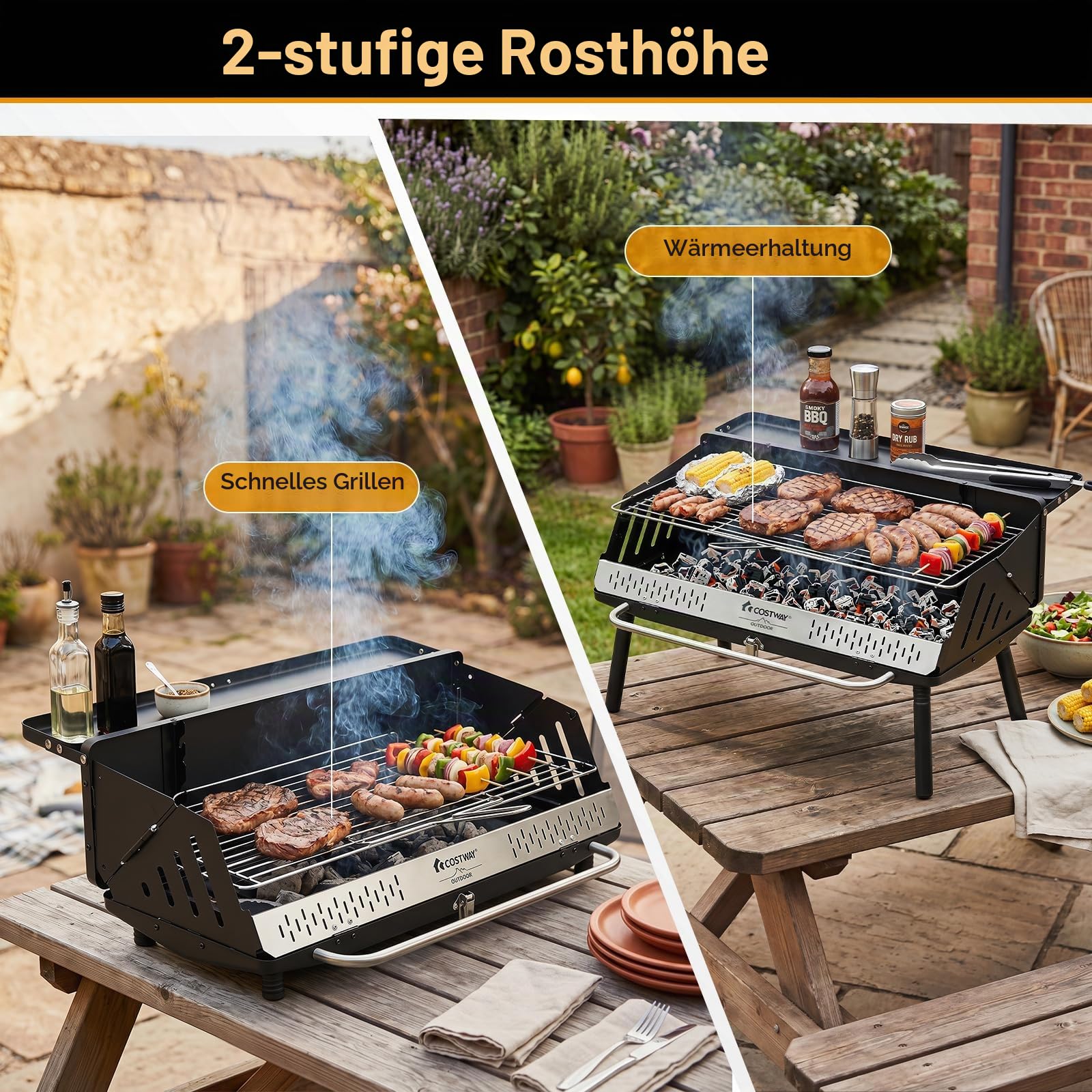 COSTWAY Holzkohlegrill tragbar, Tischgrill & Standgrill, 47 x 81 x 85 cm | Campinggrill mit abnehmbaren Beinen & Gestell, 2 Höhenstufen, Picknickgrill, für BBQ Camping, Picknick & Party, Schwarz