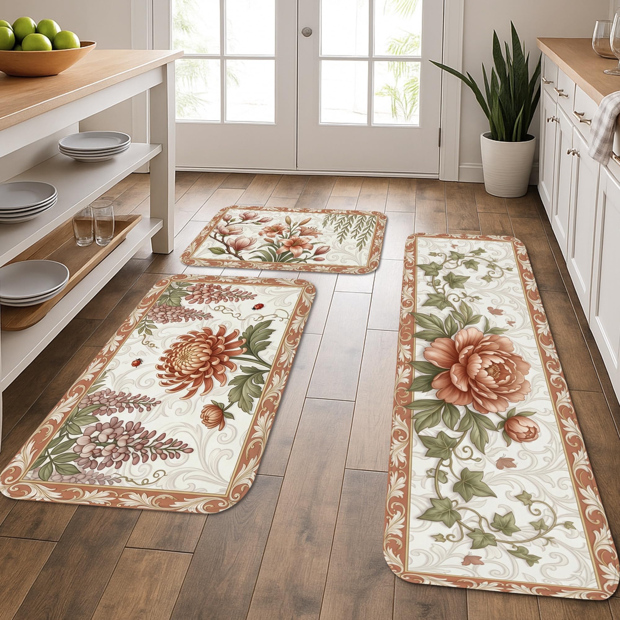 Tapetes de cocina florales lavables y juego de alfombras botánicas para el hogar