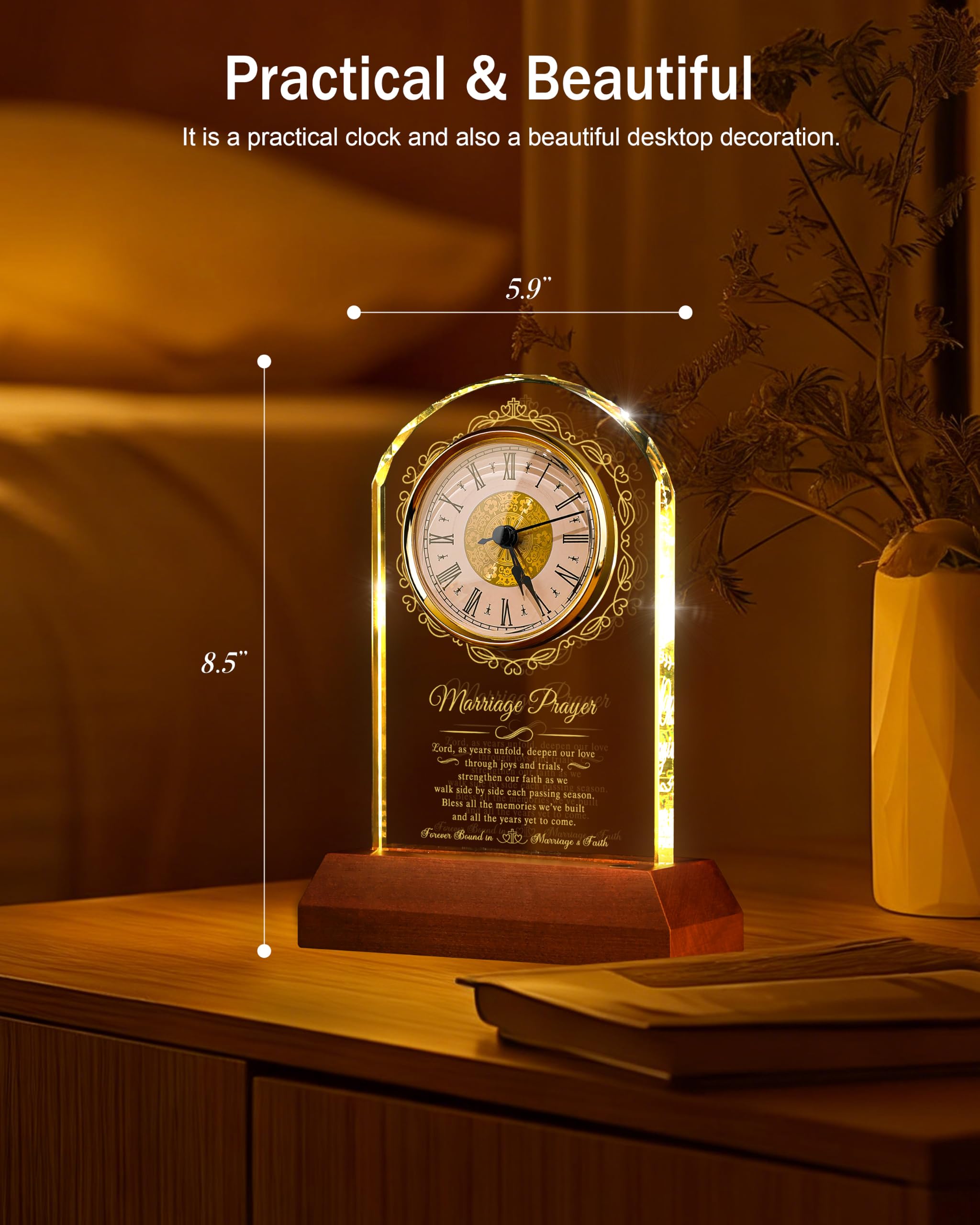 Regalos de boda para parejas 2026, reloj de cuarzo de cristal | Base de luz de madera, regalo de oración de matrimonio de feliz aniversario, regalo de compromiso único, para recién casados