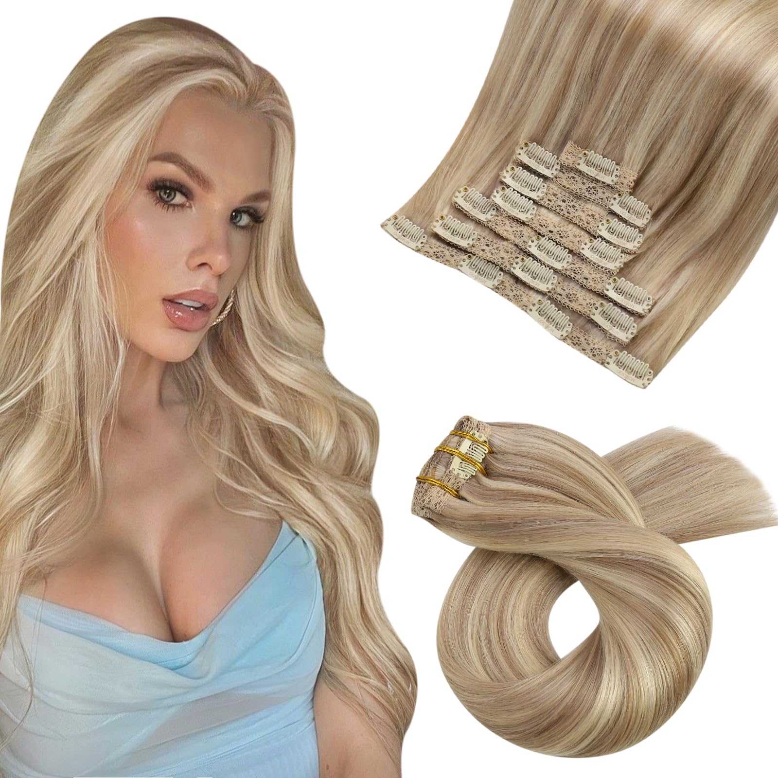 Moresoo Clip in Hair Extensions Real Human Hair Full Head Clip in Hair Extensions Honey Blonde Highlight with Medium Blonde Remy Hair Long 24 Inch 7 Pieces/120g #16/22
