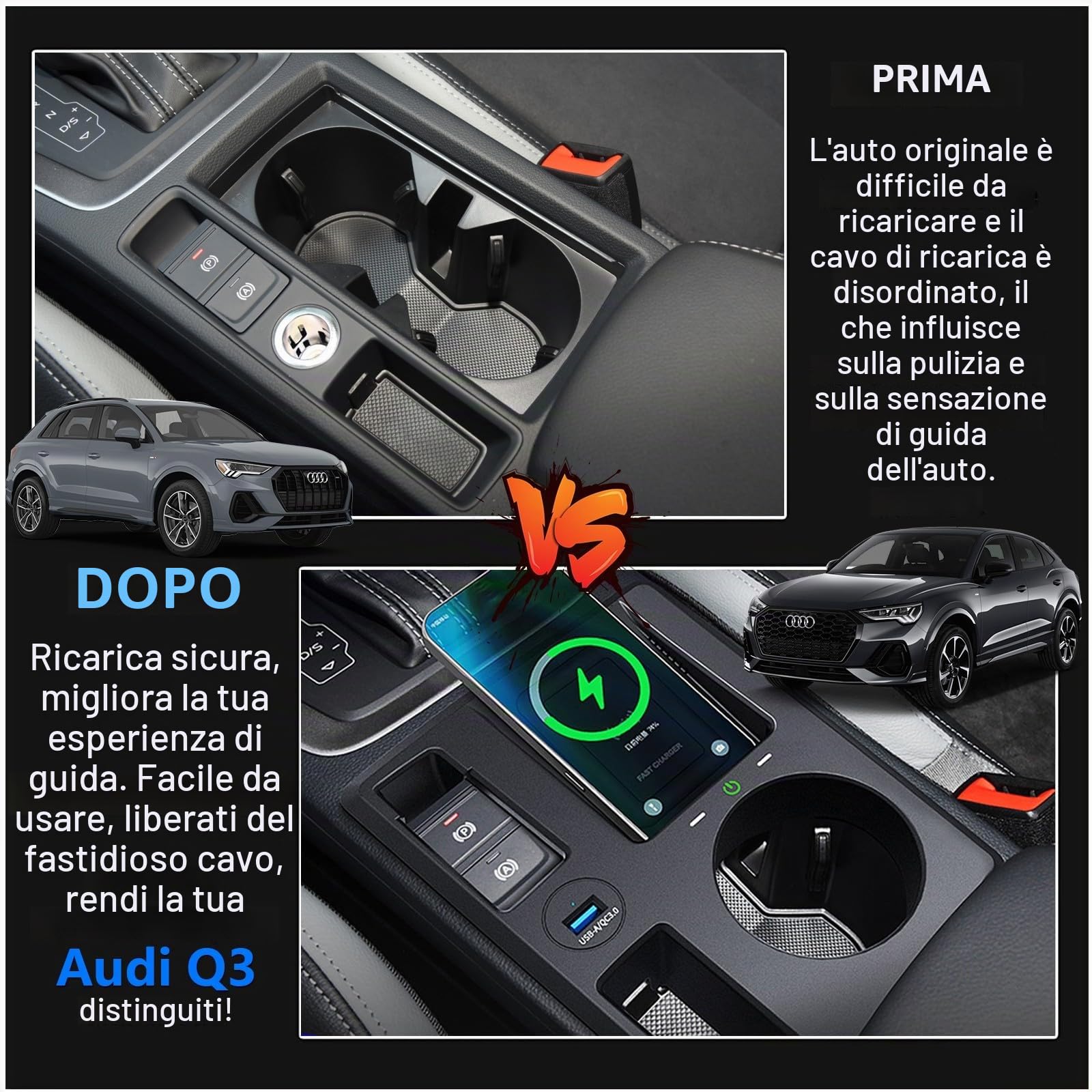Caricabatteria da auto senza fili per Audi Q3/Sportback/RS 2019-2023, caricabatterie per telefono a ricarica rapida per accessori console centrale - Regalo per iPhone Galaxy