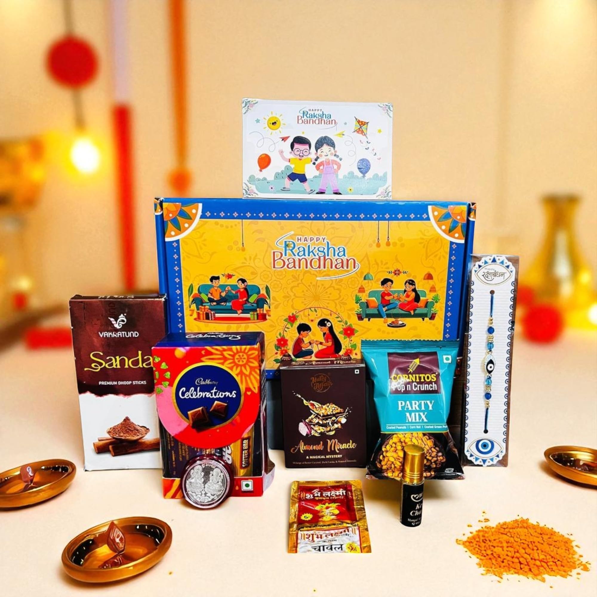 TRUEGANIC Rakhi Gift Combo Box for Brother Bhaiya & Bhabhi-9 Inclusions + Evil Eye Rakhi Nazar Kavach|Chocolate,Millet Namkeen,Almond Bar,Incense Sticks & Stand,Perfume,Coin,Card,Roli Chawall-image-36