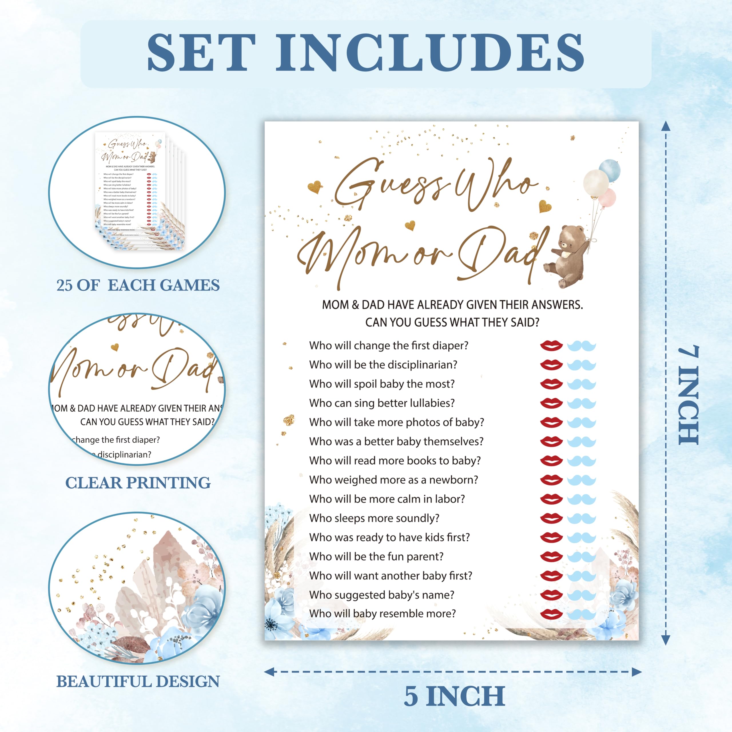 Gry na baby shower, 'Guess Who Mommy or Daddy', motyw niedźwiedzia, niebieska karta do gier na baby shower dla 25 graczy, neutralna płeć pomysły na imprezę, upominek, baby shower chłopcy dekoracje