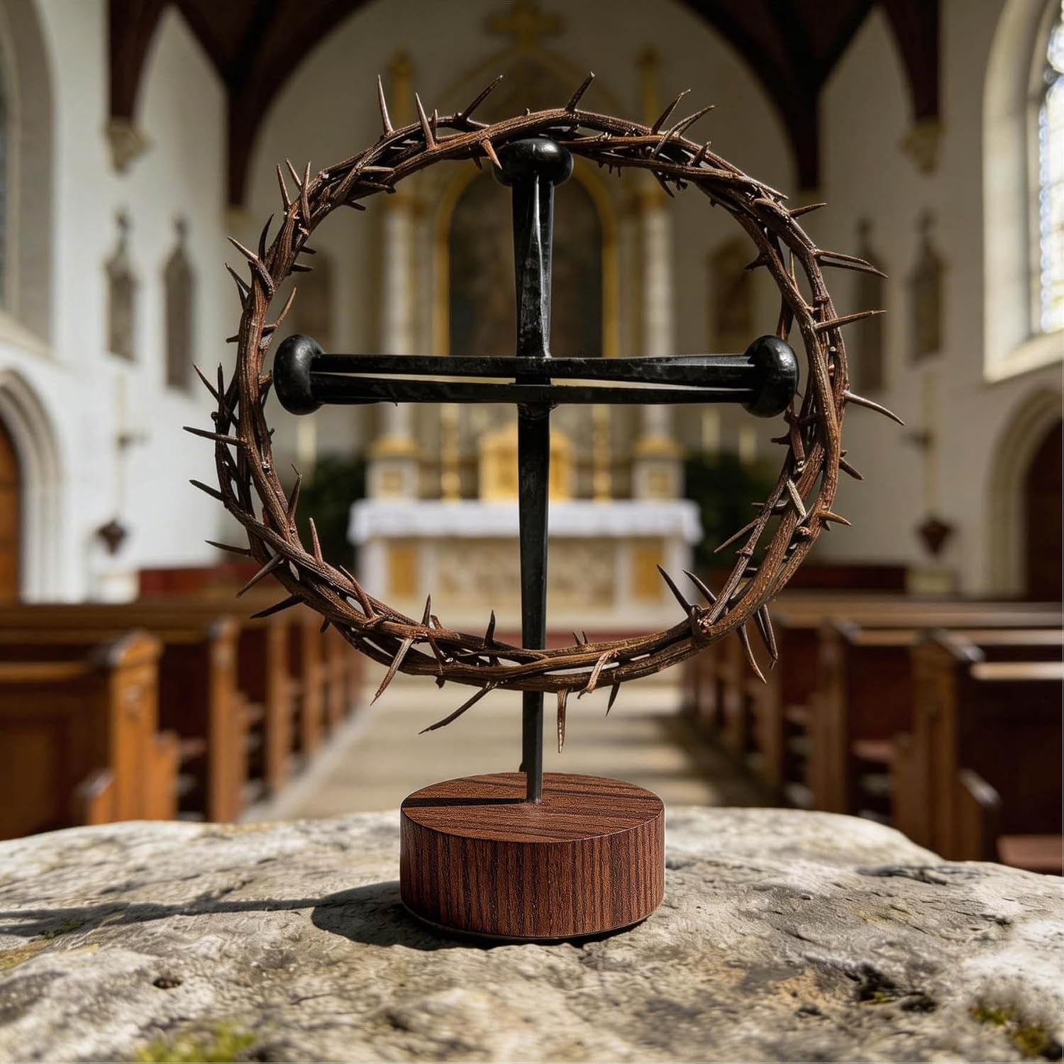 Jesus Crucifixion Nail Metal Cross with Wooden Base - Passion of Christ Religious Gifts for Men Women, Christian Home Office Decor for Easter Baptism Confirmation Ordination