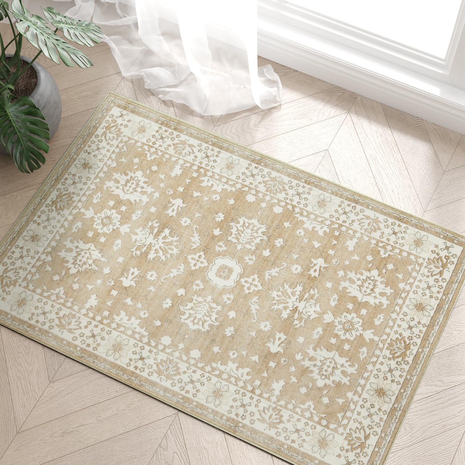 jinchan entryway rug 2x3 area rug, washable indoor doormat small vintage floral oriental mat ultra-thin non slip traditional carpet for bathroom kitchen living room bedroom decor taupe 2' x 3' (rectangular) vintage taupe