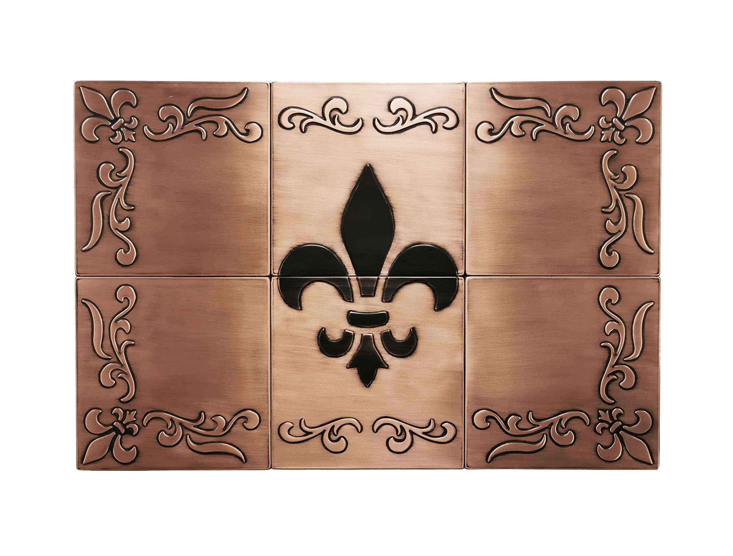 Handmade Cooper Kitchen Backsplash Tiles - Fleur de lis - 29.52 x 19.68 Set of 6 Decorative Metal Tiles for Premium Wall Decor, Mural Artwork, and More