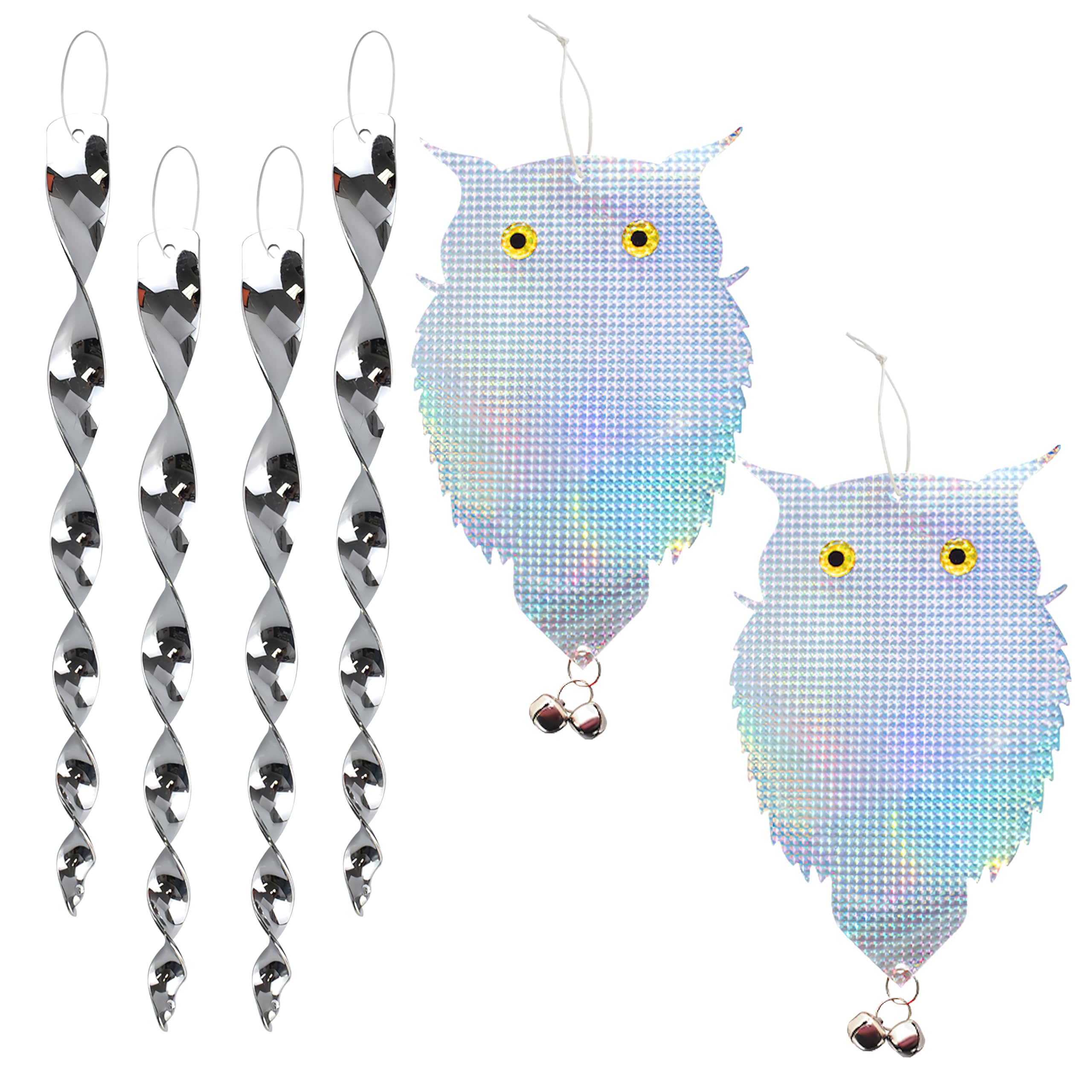 2 Pack Bird Deterrent Hanging Owls & 4 Reflective Spiral Rods - Effective Woodpecker & Pigeon Repeller - Humane Outdoor Bird Scaring Devices for Garden, Patio & Window Collision Prevention