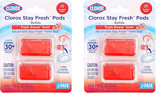 Clorox Stay Fresh Pods - Ambientador y eliminador de olores Tropic Breeze para asiento de inodoro Stay Fresh, naranja, (4 piezas)