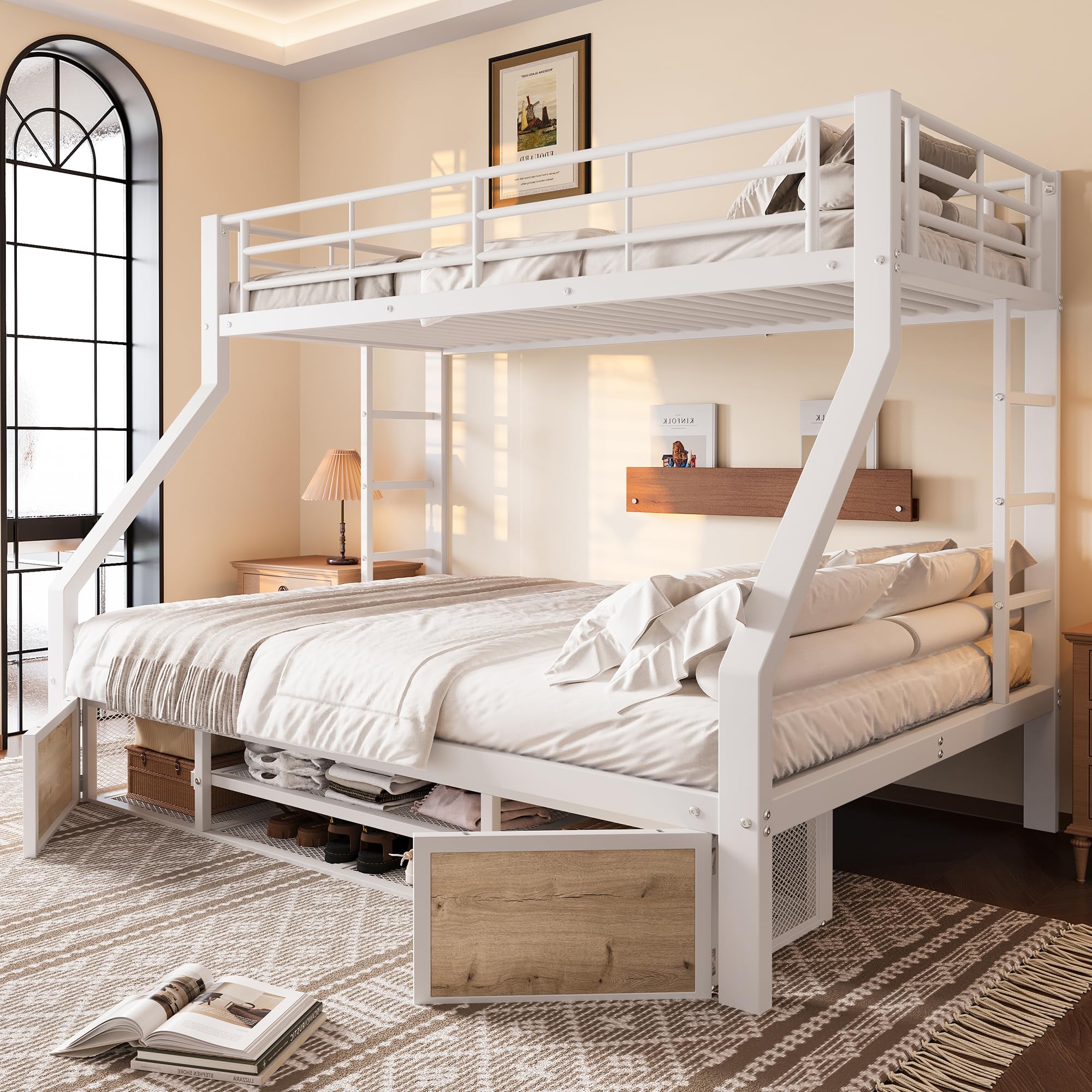 Soweiz Letto a castello 90 x 200 cm, 140 x 200 cm, culla con scarpiera, portaoggetti, ringhiere di sicurezza, scaletta, senza materasso (bianco)