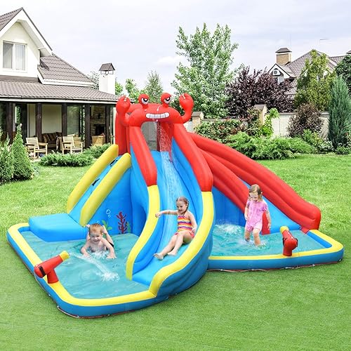 Miniatura 2 de GLACER Tobogán acuático inflable, casa de rebote con temática de cangrejo con 2 toboganes largos, pared de escalada y piscina de chapoteo, parque