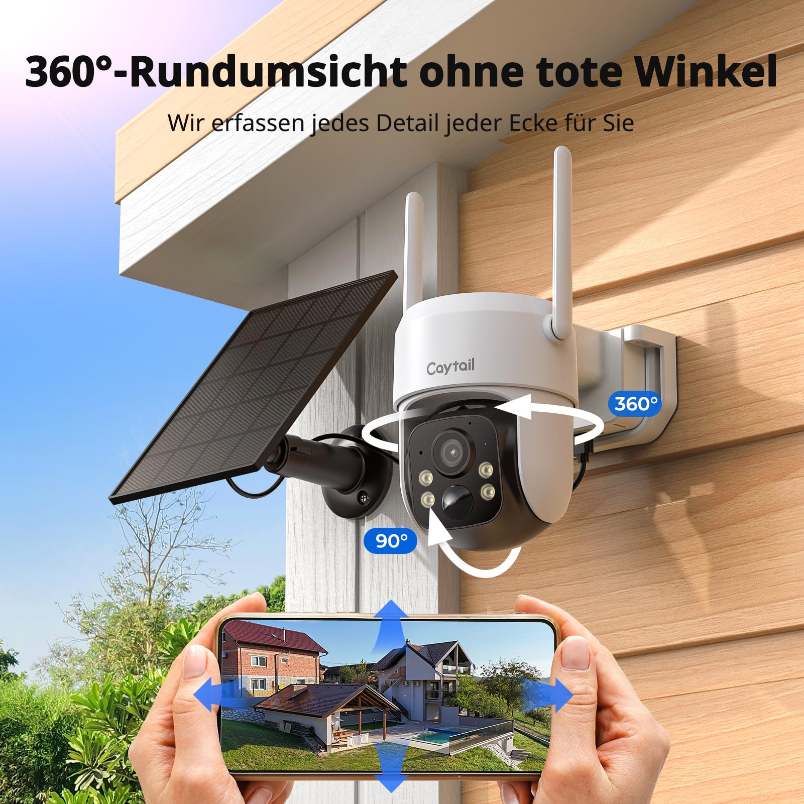 2K Überwachungskamera Aussen Akku Solar, 360° PTZ Überwachungskamera Outdoor Kabellos mit Solarpanel, 3MP Farbnachtsicht, 2-Wege-Audio, PIR Bewegungsmelder