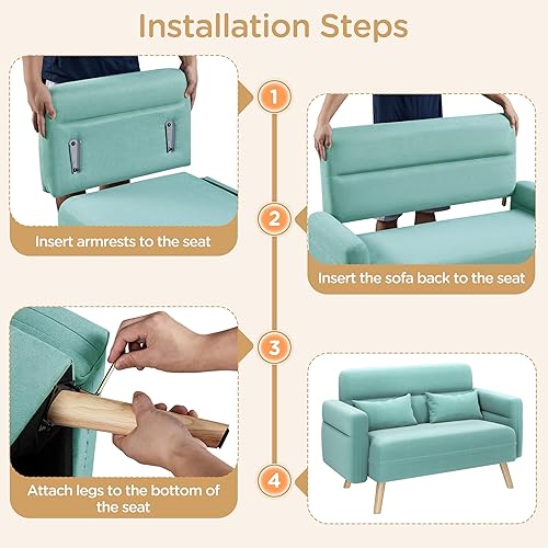 Miniatura 7 de Yaheetech Sofá pequeño de tela moderna de 46 pulgadas, sofá biplaza de mediados de siglo de 2 plazas con almohadas lumbares, patas de madera maciza