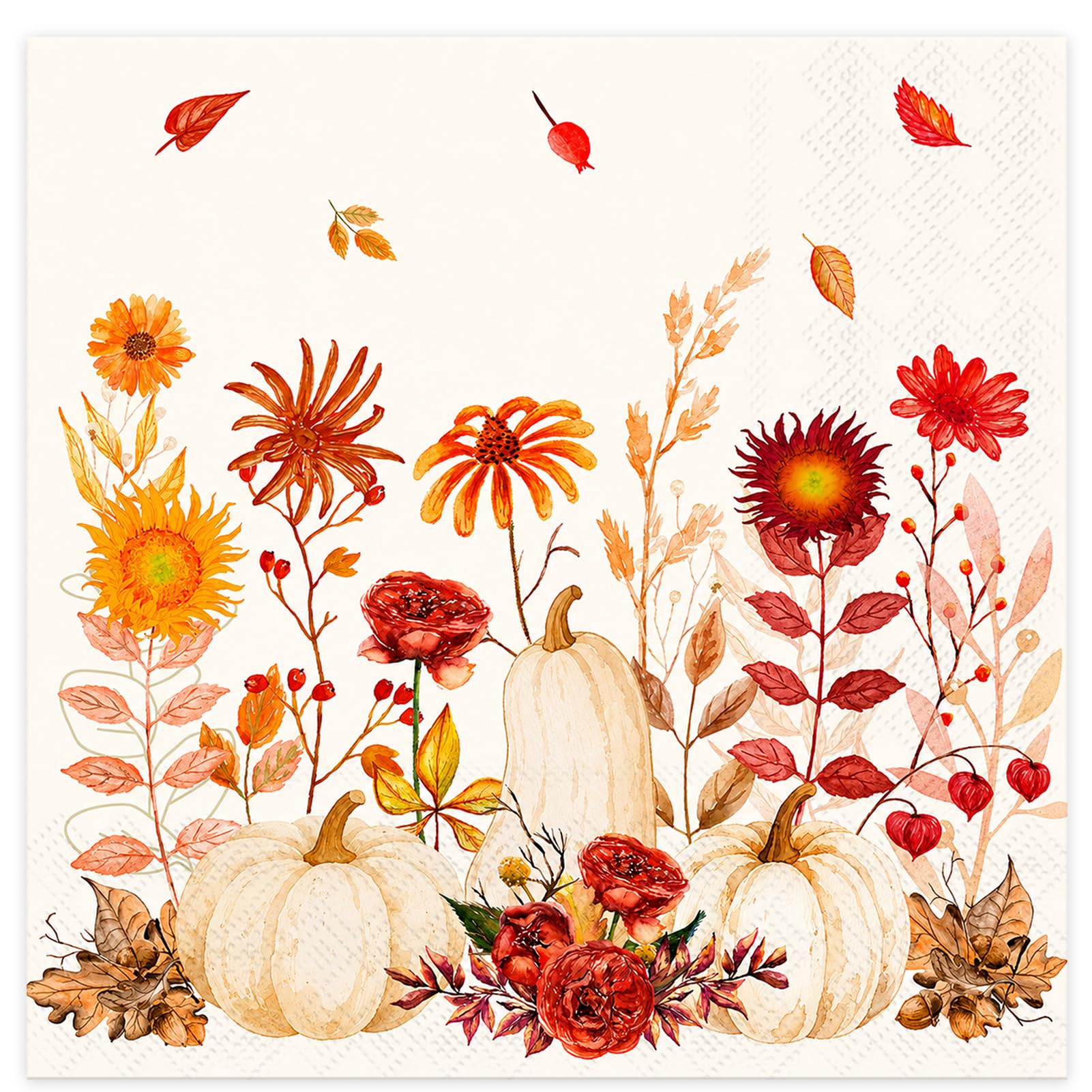 Konsait Autumn Napkins, Pumpkin Floral Autumn Paper Napkin 20 Pack