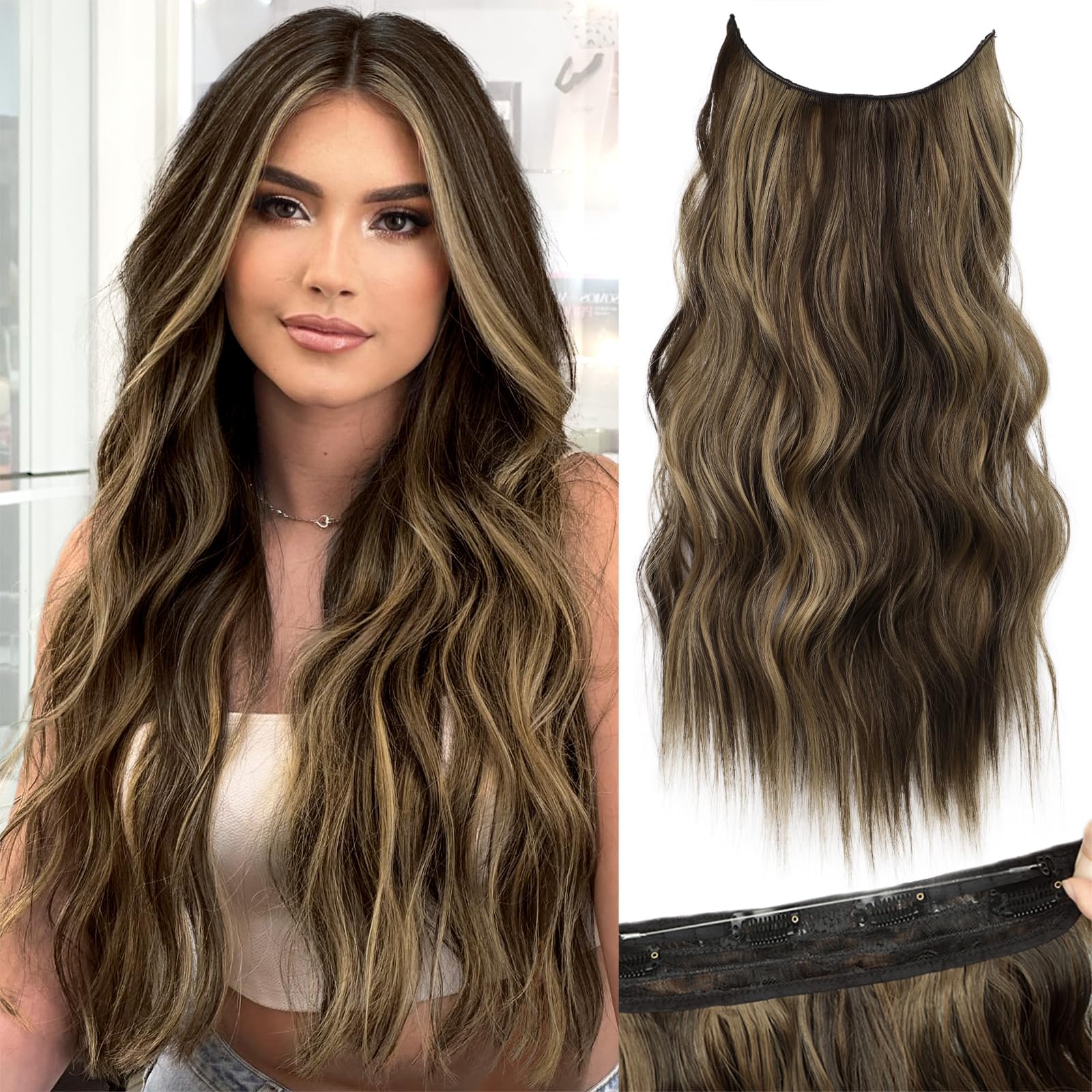 KooKaStyleInvisible Wire Hair Extensions with Transparent Headband Adjustable Size 4 Secure Clips Long Wavy Highlight Synthetic Hairpieces 20 Inch Balayage Chocolate Brown to Caramel Blonde for Women