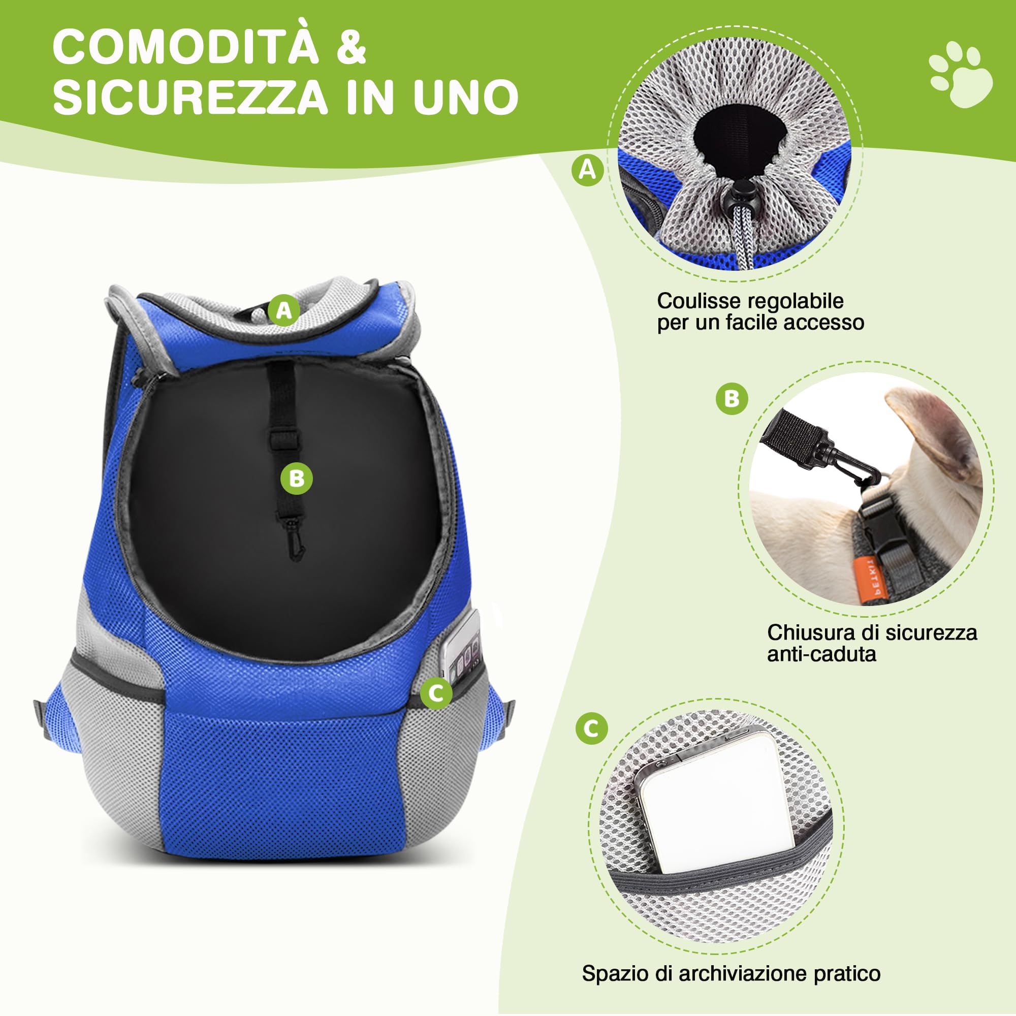 ALLSOPETS Zaino per Cani Trasportino per Piccoli Cani e Gatti Borsa da Viaggio Regolabile Blu Notte M