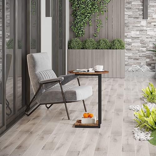 Miniatura 9 de Hosfais Mesa auxiliar pequeña, mesa auxiliar de madera en forma de C con marco de metal para sala de estar, dormitorio, espacios pequeños (marrón