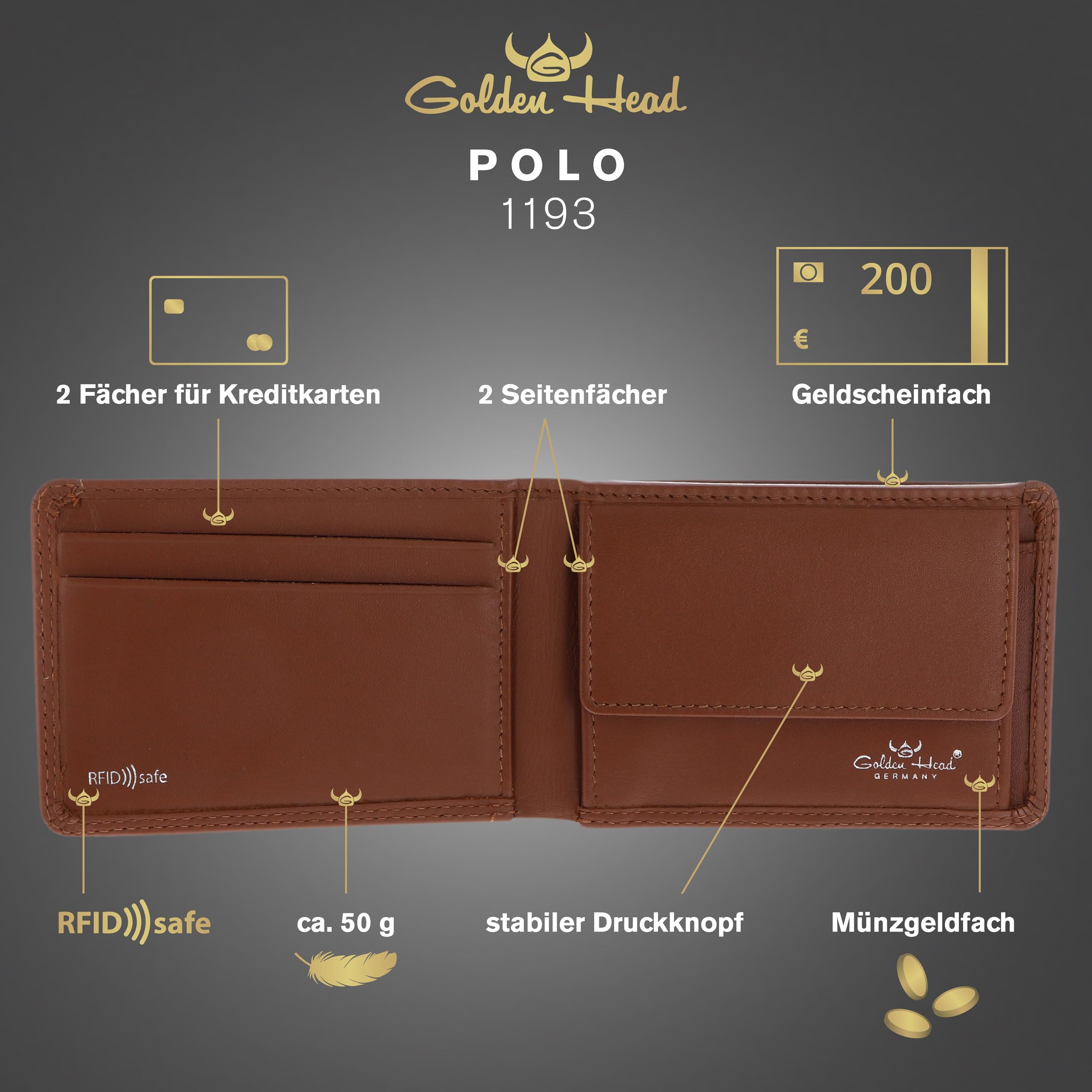 Golden Head Cuero Monedero Polo RFID Protect Minischeintasche 1193 Cognac marrón