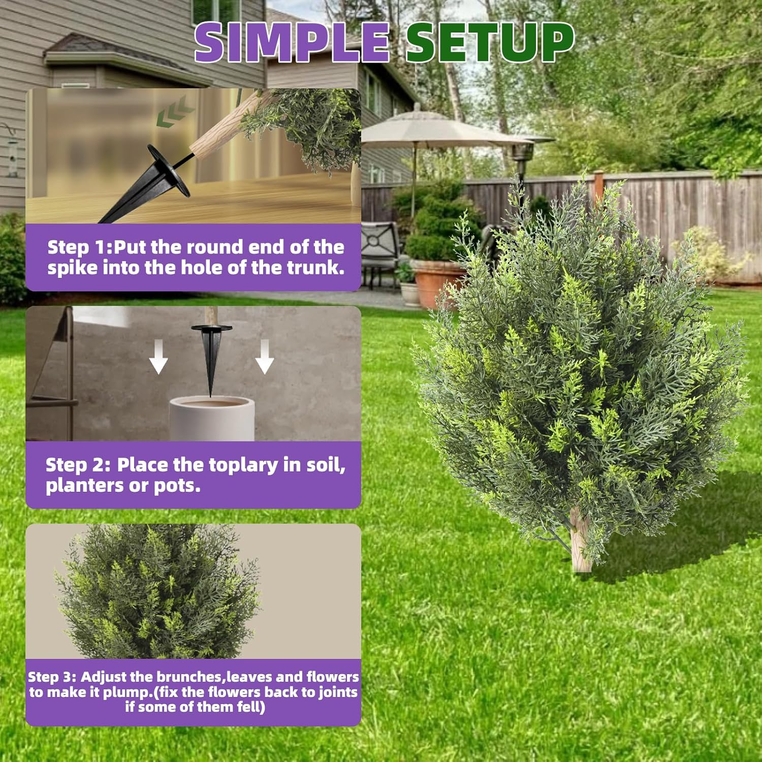 Artificial Cedar Topiary Ball Trees, Set of 2 Fake Shrub Bushes with Ground Spike, UV Resistant Artificial Cypress Trees, Evergreen Shrubs Bushes Faux Plants for Front Porch Garden Backyard