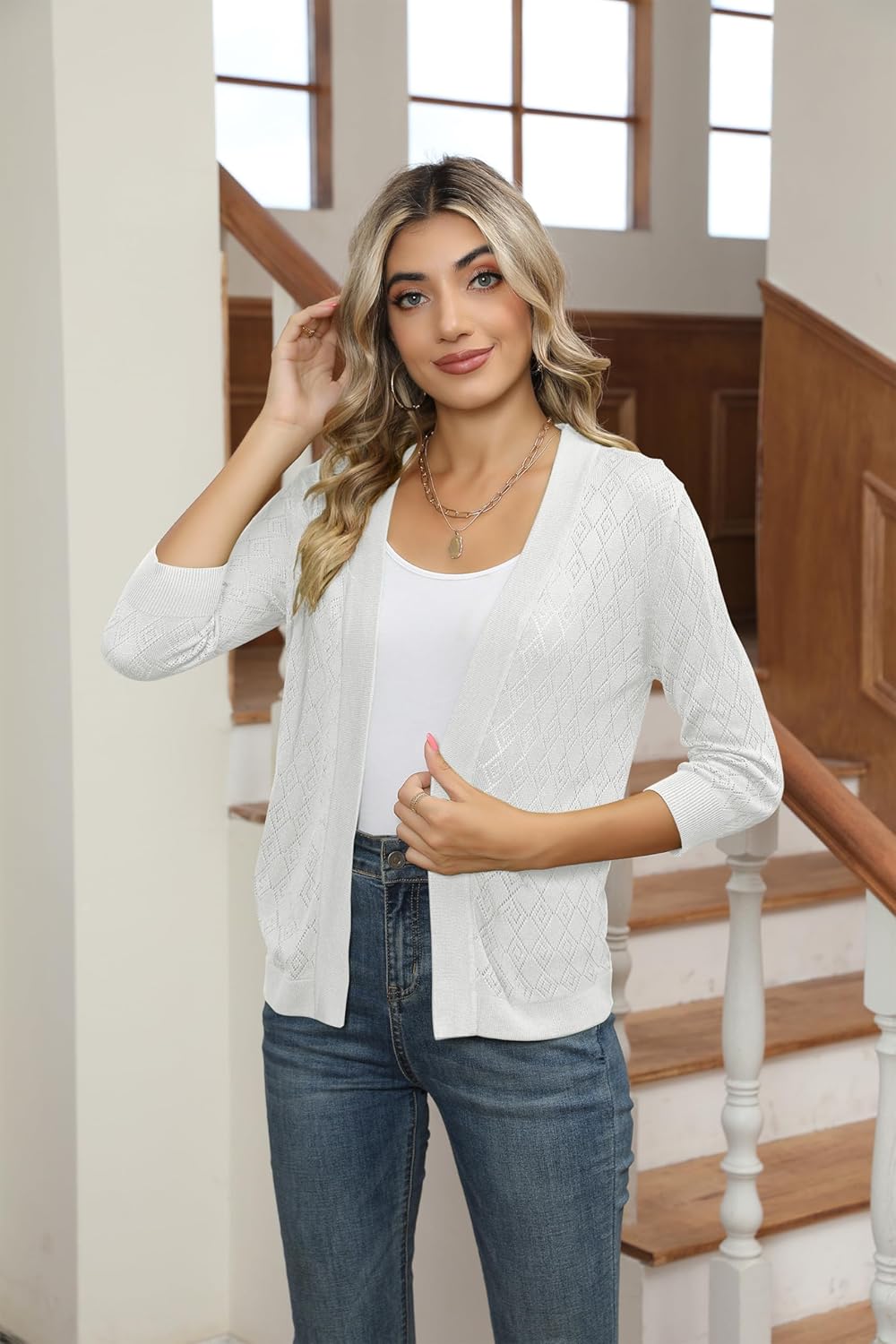 Bettysays Women's Sweater Shrug Cropped Jacket Hollow Out Lightweight Knit Bolero Cardigan (X-Large,White) - Image 4