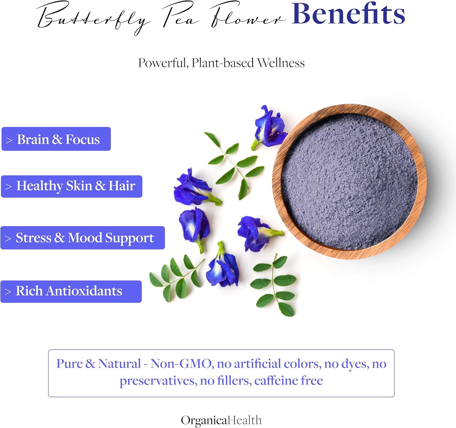 Butterfly Pea Flower Tea Powder, Organic Herbal Tea Alternative, Caffeine-Free, Non-GMO, Vegan, Premium Quality – 60 Count – Organica Health