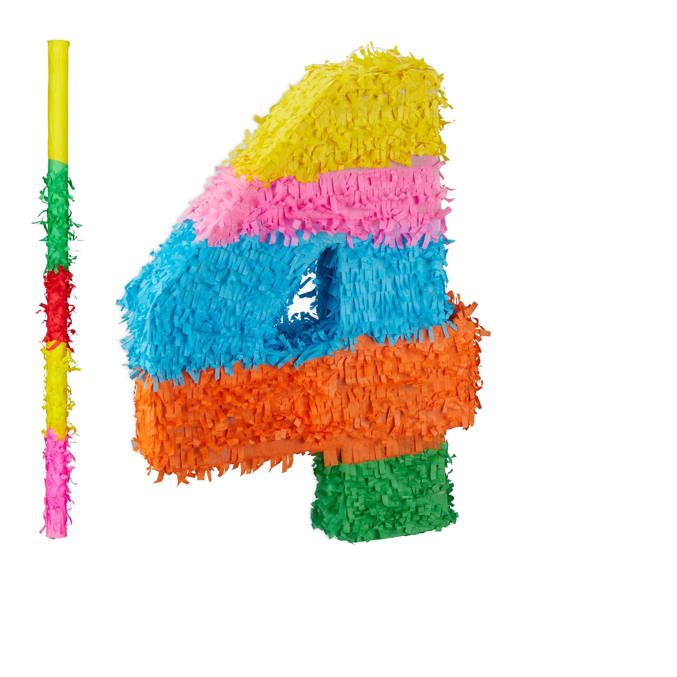 Relaxdays 3-częściowy zestaw Pinata na urodziny, cyfra 4, pręt do pinaty z maską na oczy, dzieci i dorosłych, piñata do samodzielnego napełniania, kolorowe