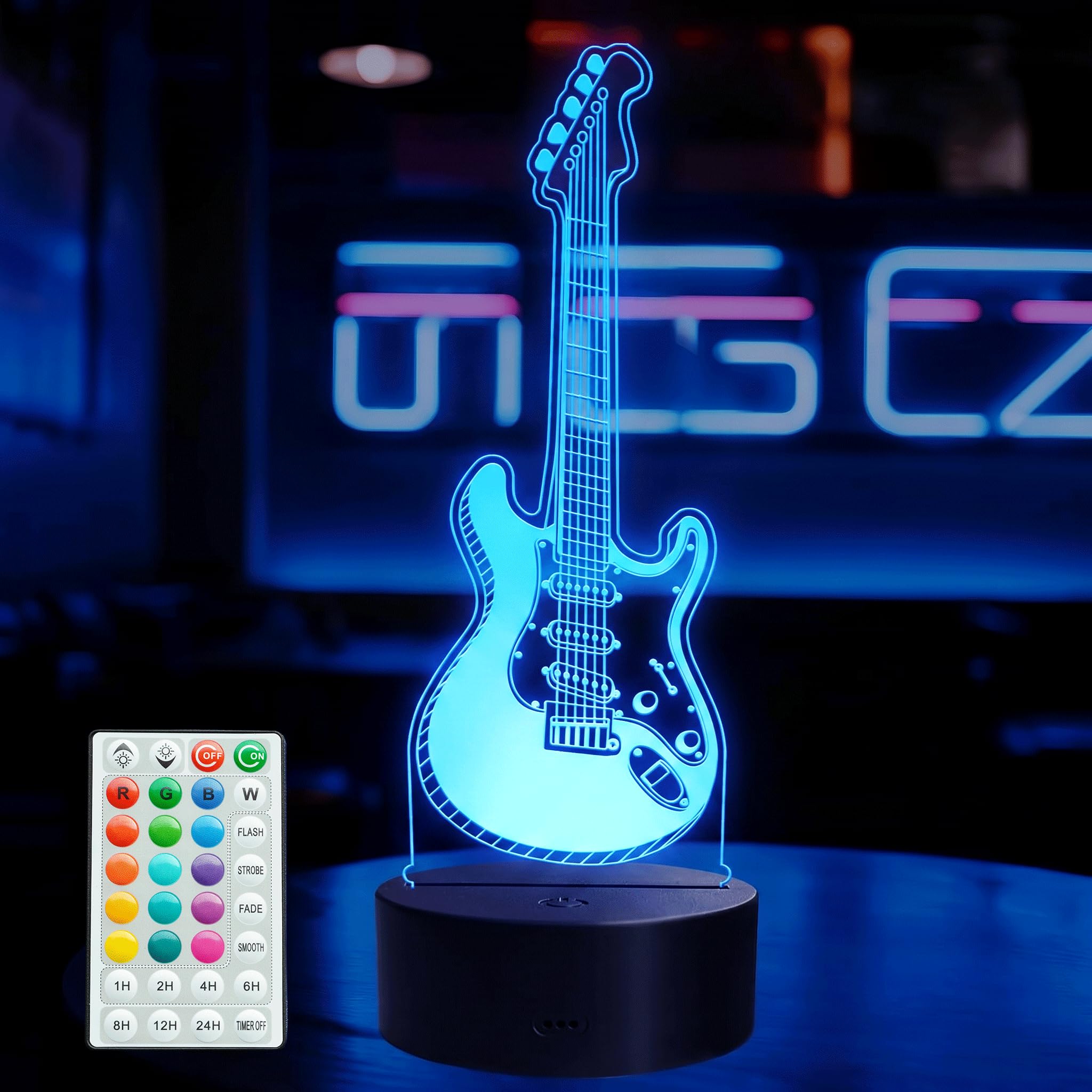 Guitar Gifts, Guitar Night Light, 3D Illusion Lamp with 16 Colors Changing, Remote Control with Timer, Kids Music Room Decoration for Holiday Birthday Christmas