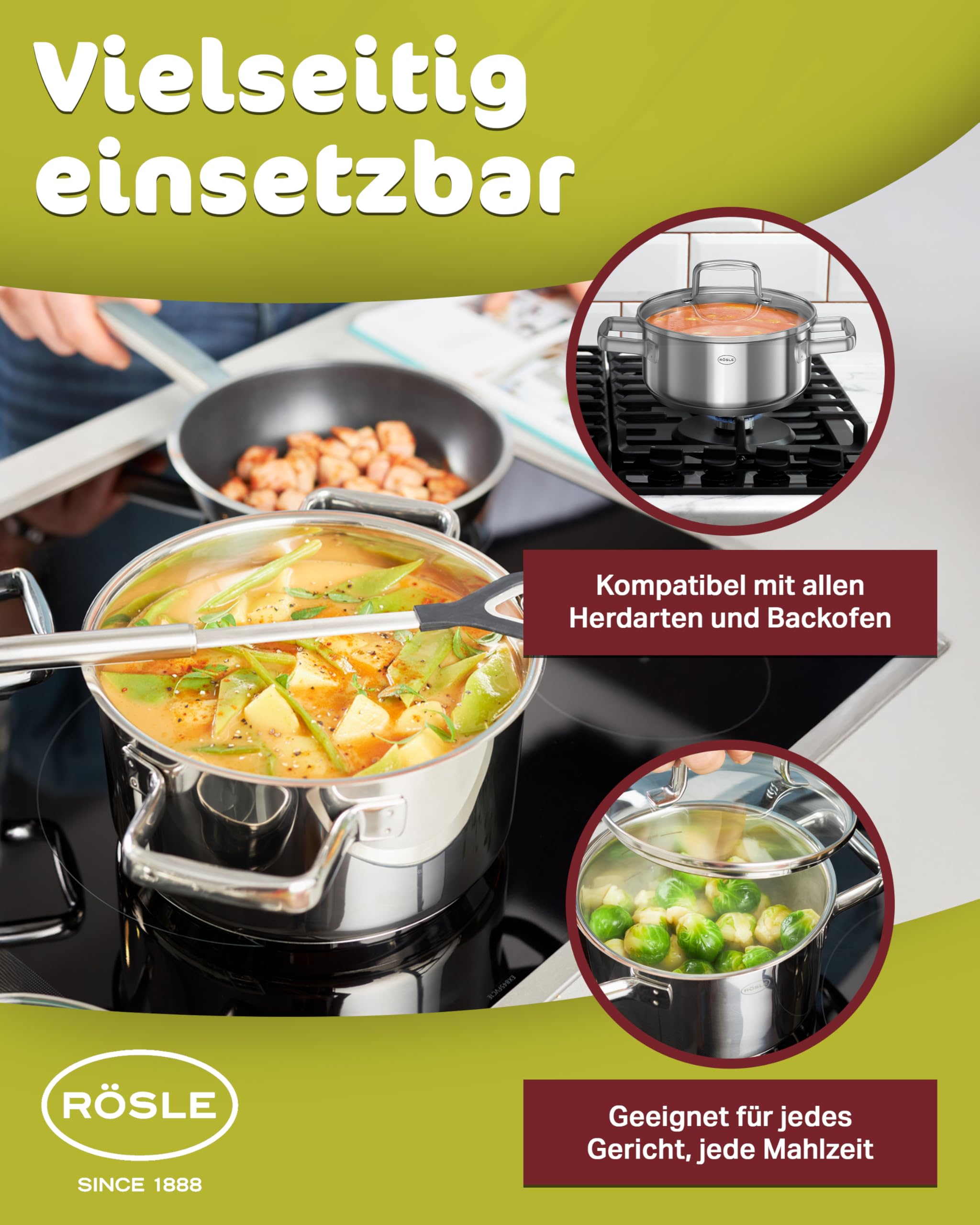 RÖSLE Moments Topfset Induktion 5 Stück, Edelstahl mit Aluminiumkern | 3 Töpfe mit Deckel, Kasserolle und antihaftbeschichtete Bratpfanne, für alle Herdarten, ofenfest bis 180 °C