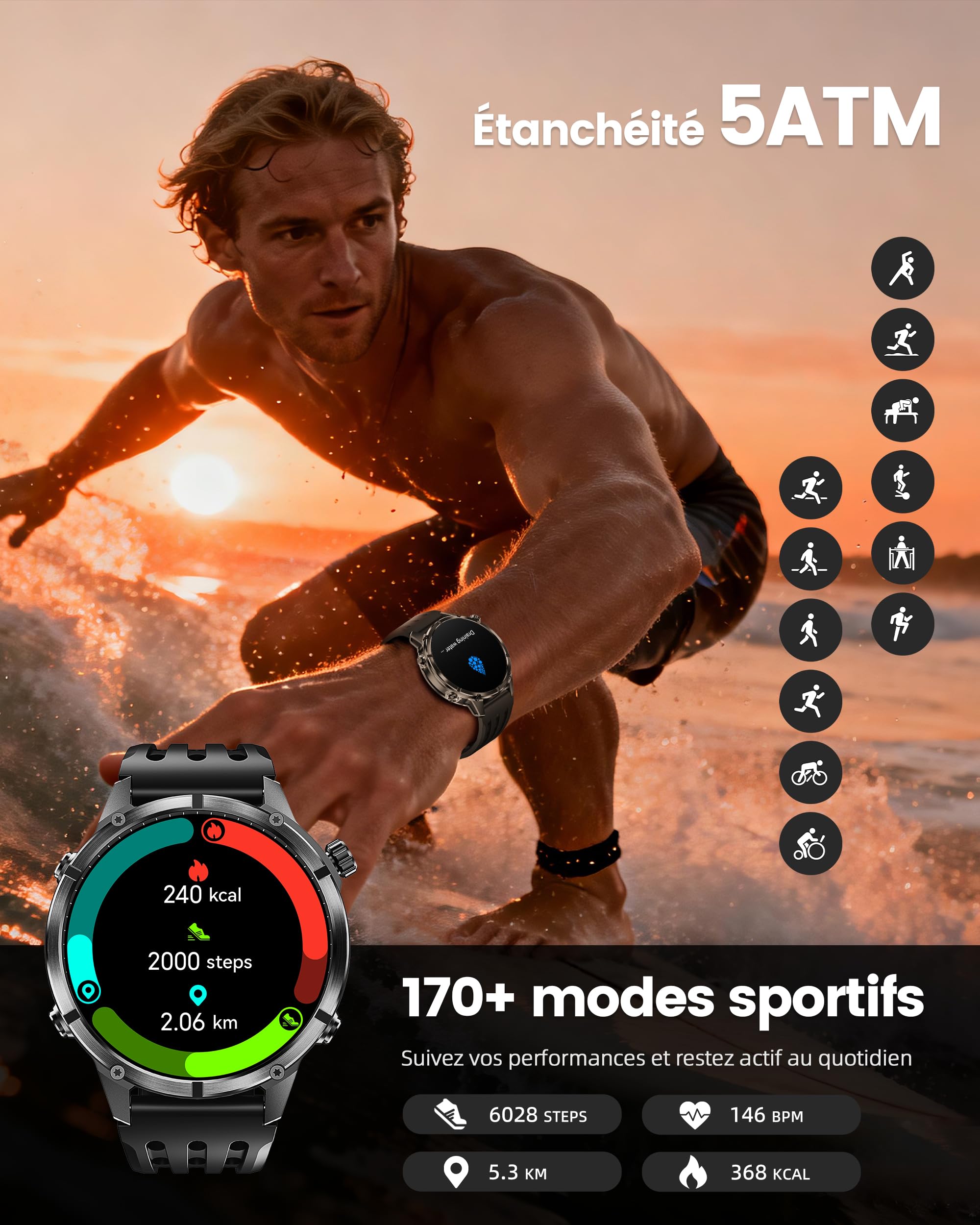 WalkerFit Smartwatch Uomo GPS 2025, Display AMOLED 1,43", Orologio Sport con Chiamate Bluetooth, Impermeabilità 5ATM, Autonomia Prolungata, 170+ Modalità Sport, Compatibile Android iOS (Nero)