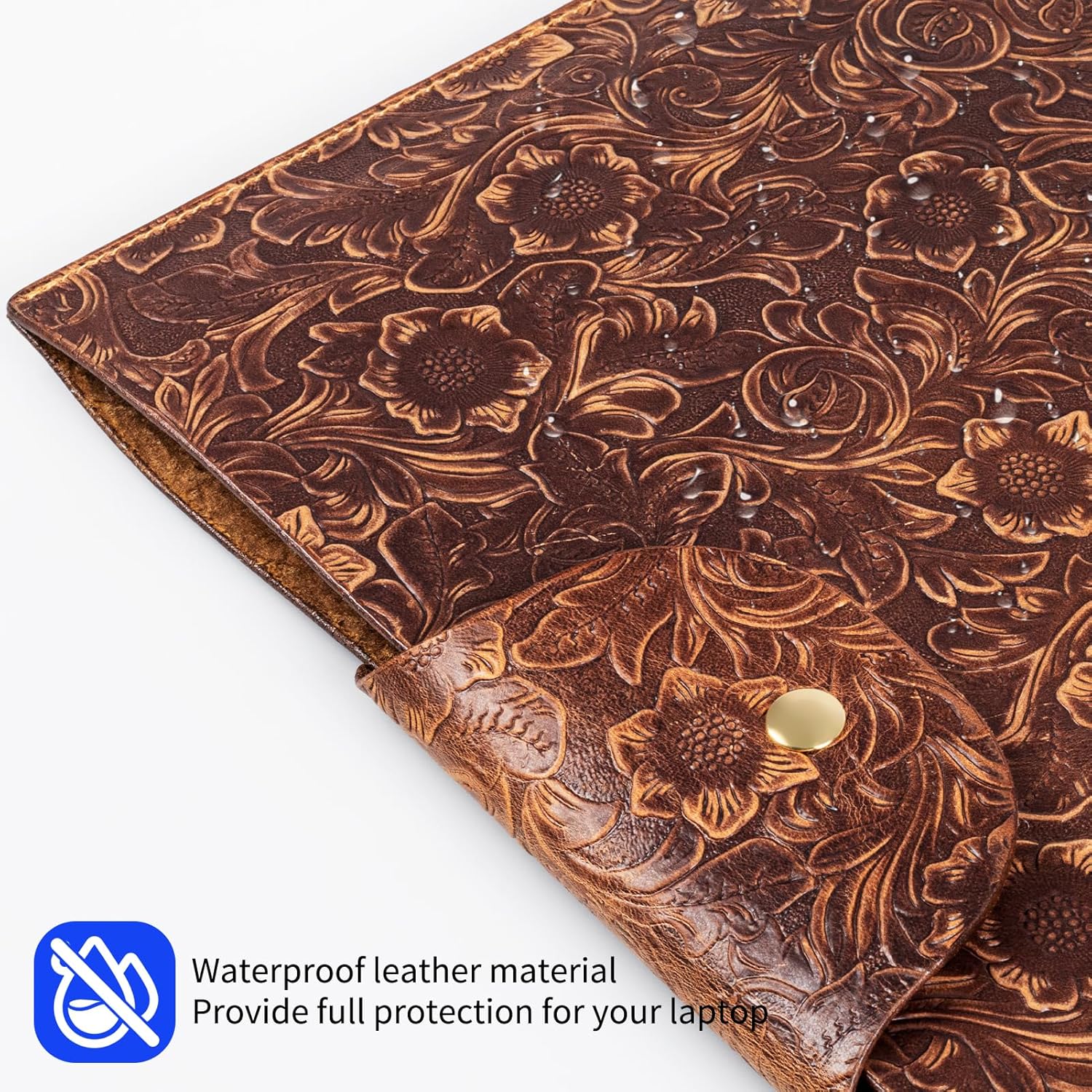 Genuine Leather Laptop Sleeve,Compatible with MacBook Pro 16 Inch M4 M3 M2 M1 Pro/Max＆MacBook Air 15 Inch M4 M3 M2 Cover,Vintage Protective Computer Case with Floral Pattern,Brown - Image 3