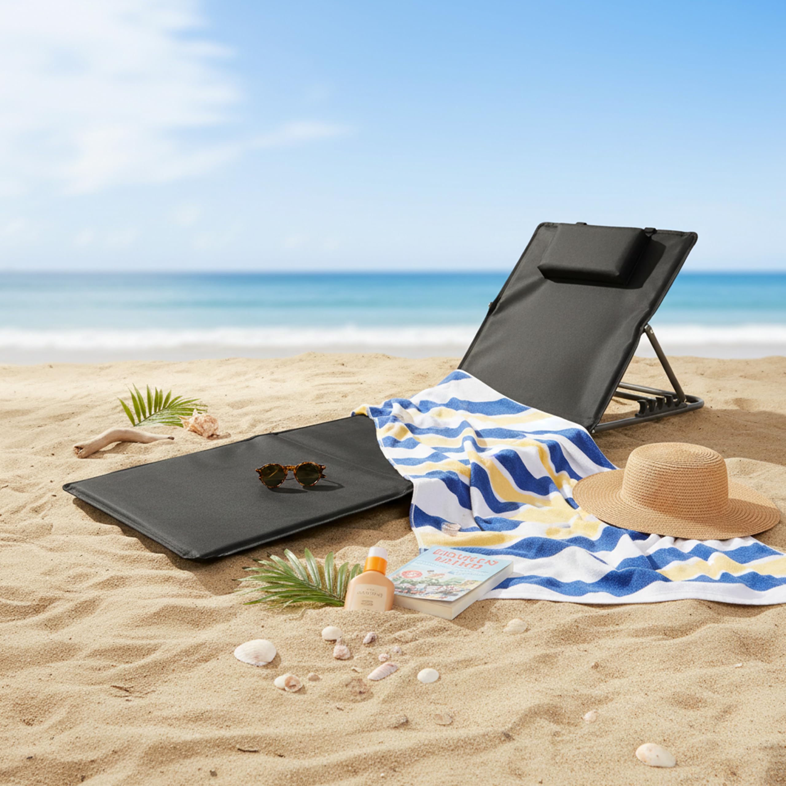 Baroni Home Set de 2 Chaises Longues Pliables de Plage avec Coussin Rembourré, Dossier Inclinable, Poche de Rangement, Transat Portable pour Mer, Piscine, Camping, 48x150x52 cm Noir