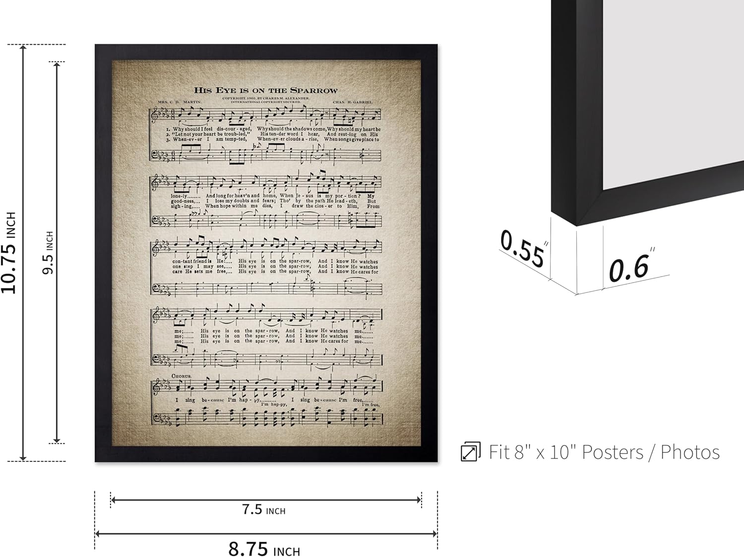 Poster Master His Eye Is On The Sparrow Poster - Hymnal Song Sheet Print - Sheet Music Art - Gift for Him, Her, Musician - Musical Decor for Home, Office, Living Room, 8x10 Black Framed