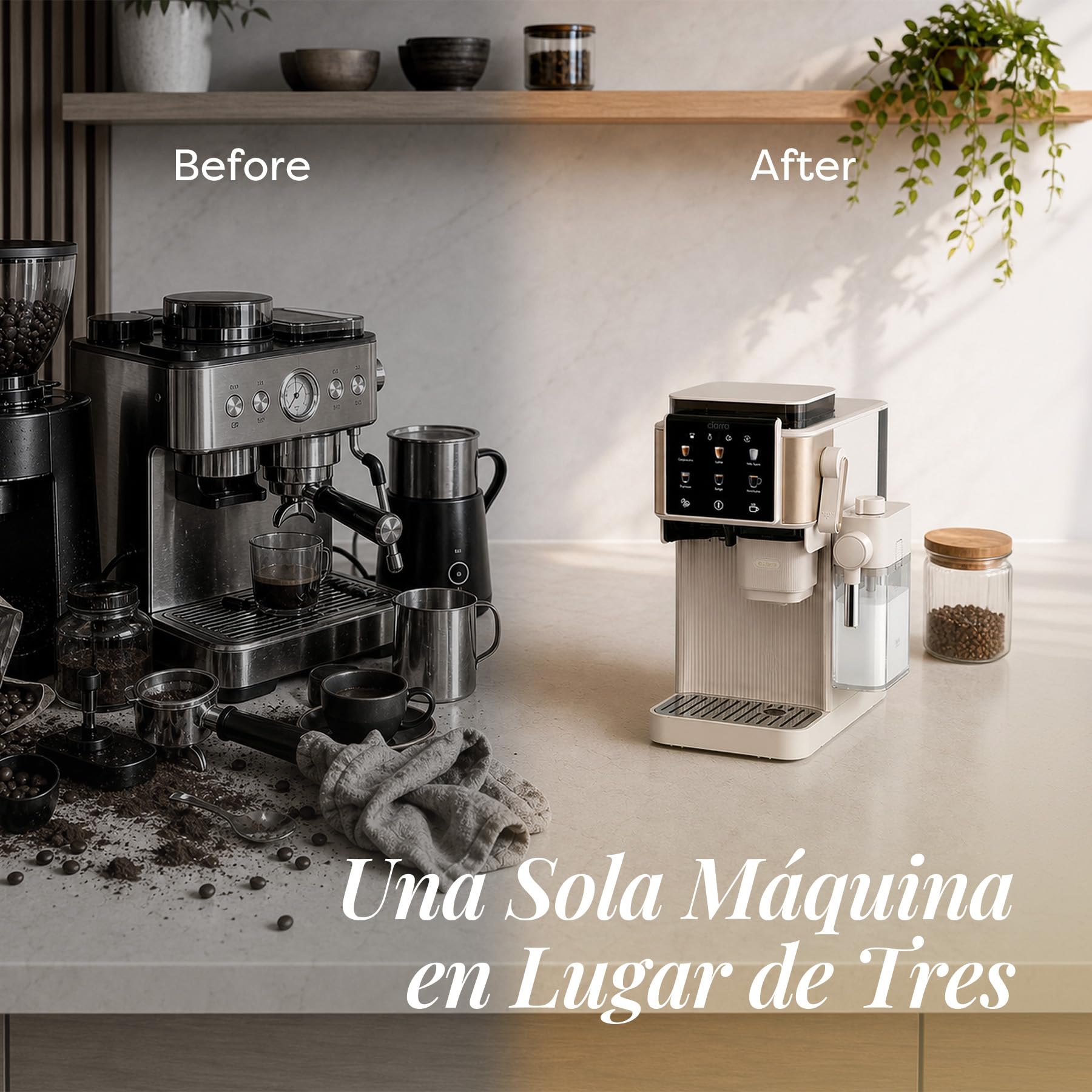 CIARRA CBSACM-D6 Cafetera Espresso con Molinillo y Espumador 15 Bares | Semiautomática para Cappuccino y Latte, Depósito de Granos 80 g PID Control de Temperatura Depósito 1.0L