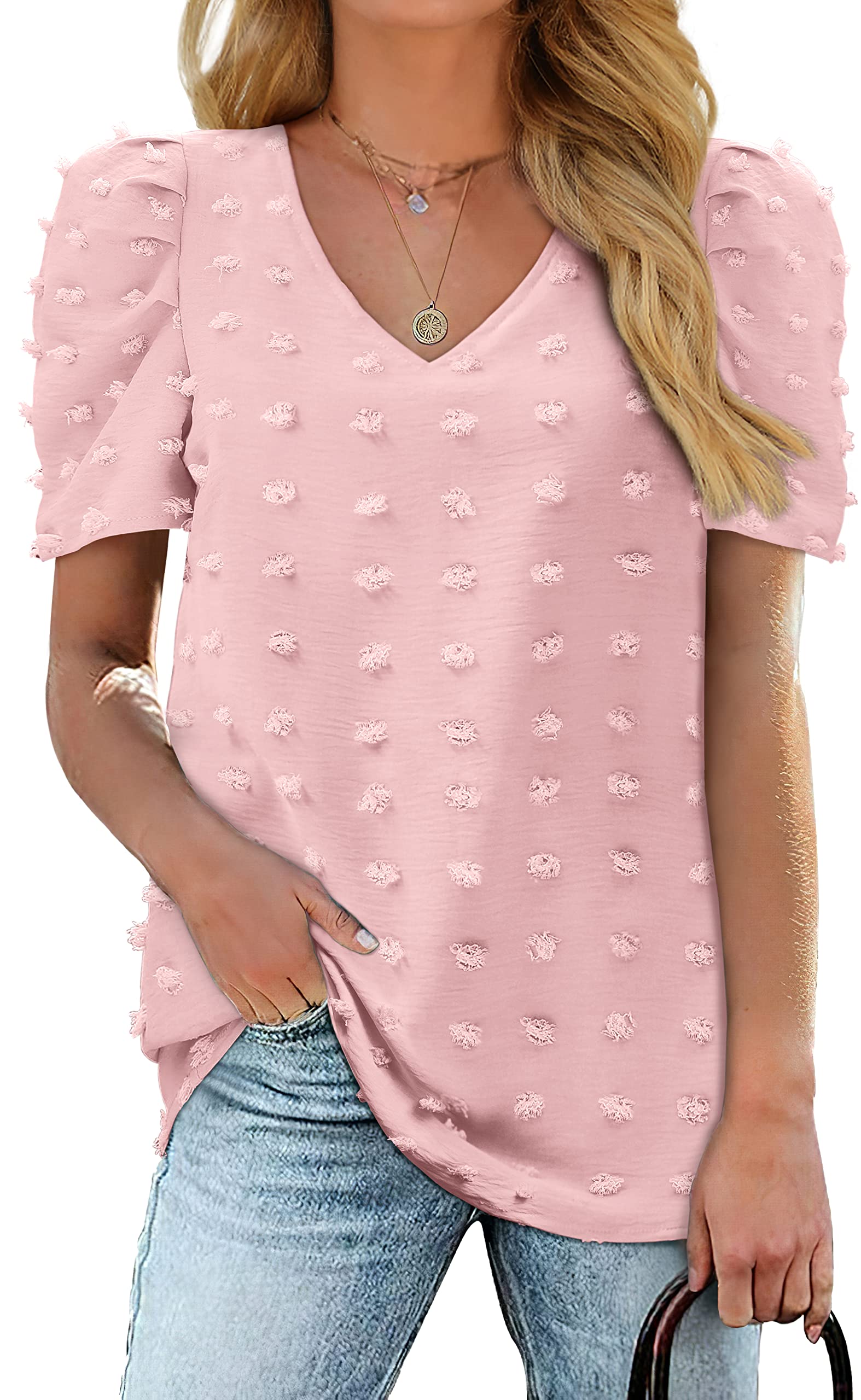 AokosorLadies Tops for Womens T Shirts Summer V Neck Puff Sleeve Blouses Swiss Dot Tops
