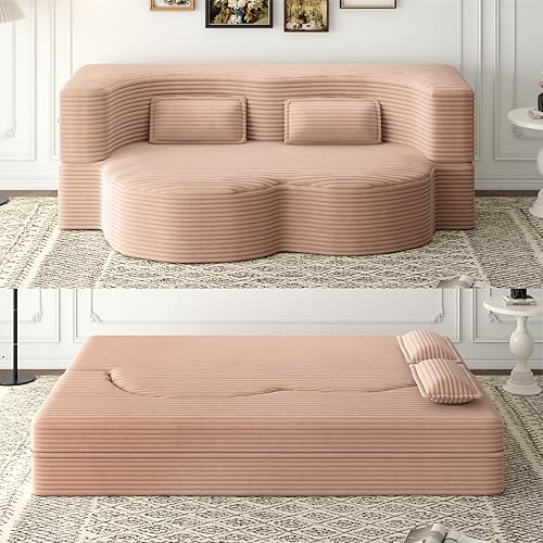 78" Full Size Floor Sofa, Folding Queen Sleeper Couch, Futon Loveseat Sofa, Plush Corduroy Foam-Filled Sleeper Couch Bed, Fold Mattress Bed for Living Room, Guest Use, Office, Apartment, Pink
